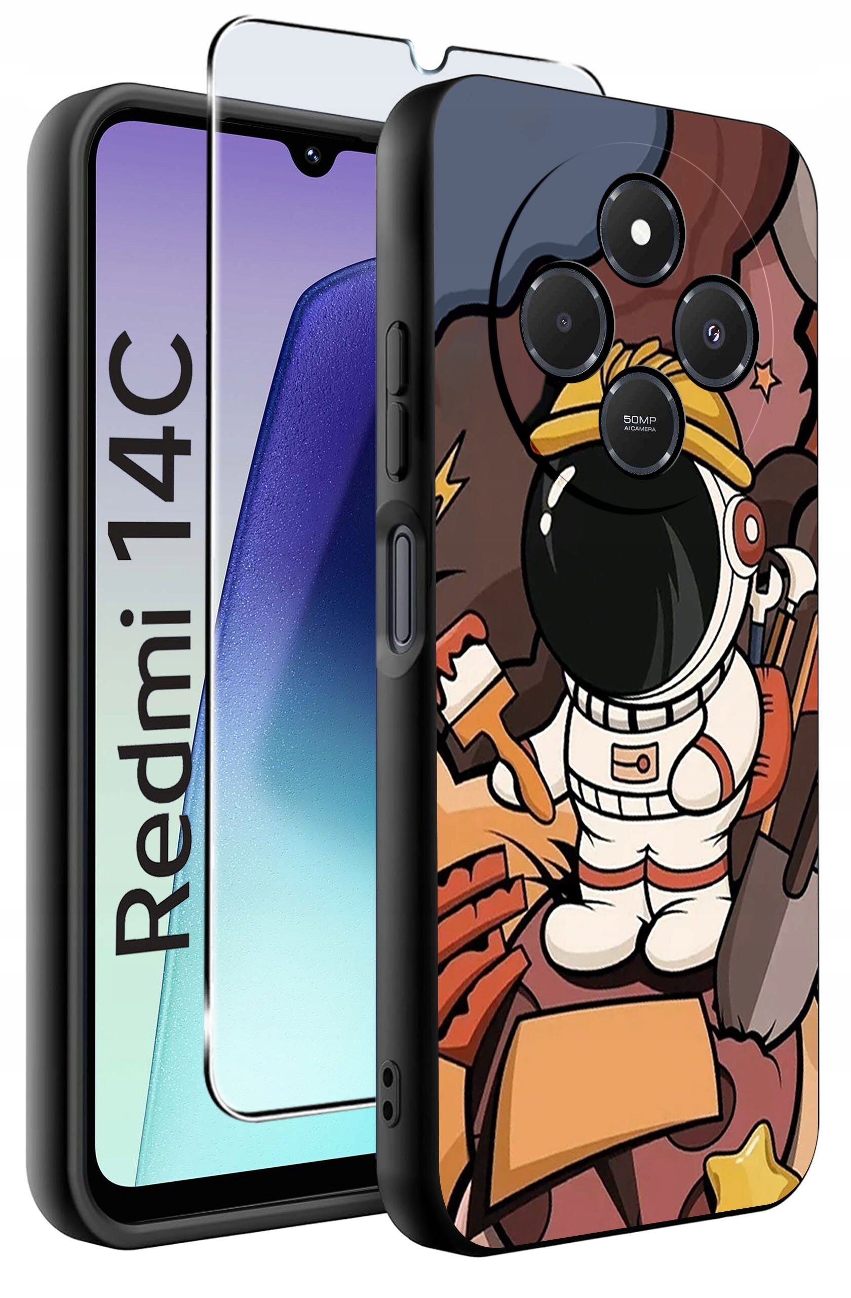 Etui na telefon z kolorowym wzorem przedstawiającym astronautę, obok którego znajduje się szkło ochronne. Na ekranie telefonu widoczny jest napis \'Redmi 14C\'.