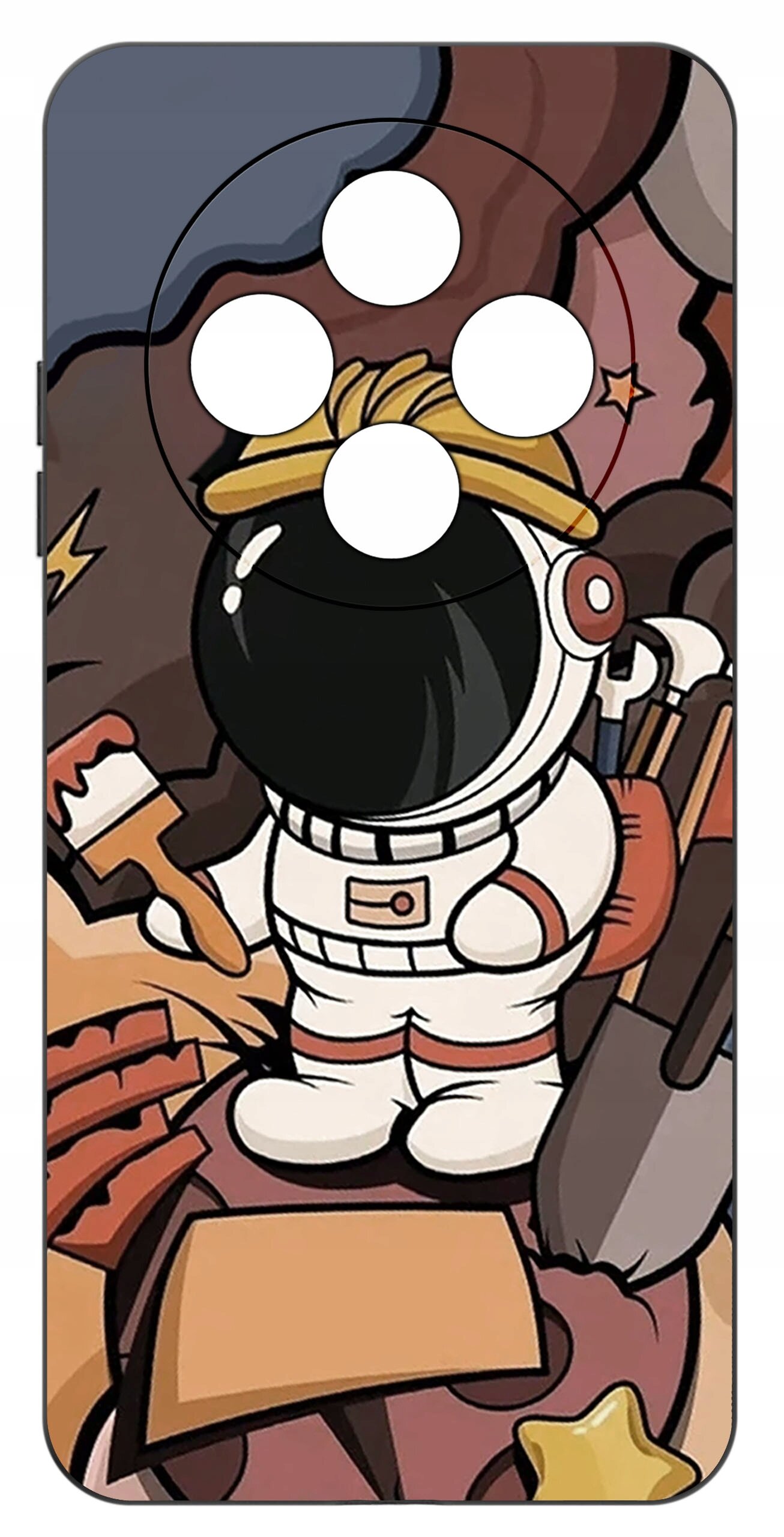 Etui z kolorowym wzorem przedstawiającym postać astronauty trzymającego pędzel, otoczonego różnymi przedmiotami. W etui znajdują się cztery okrągłe wycięcia na aparat.