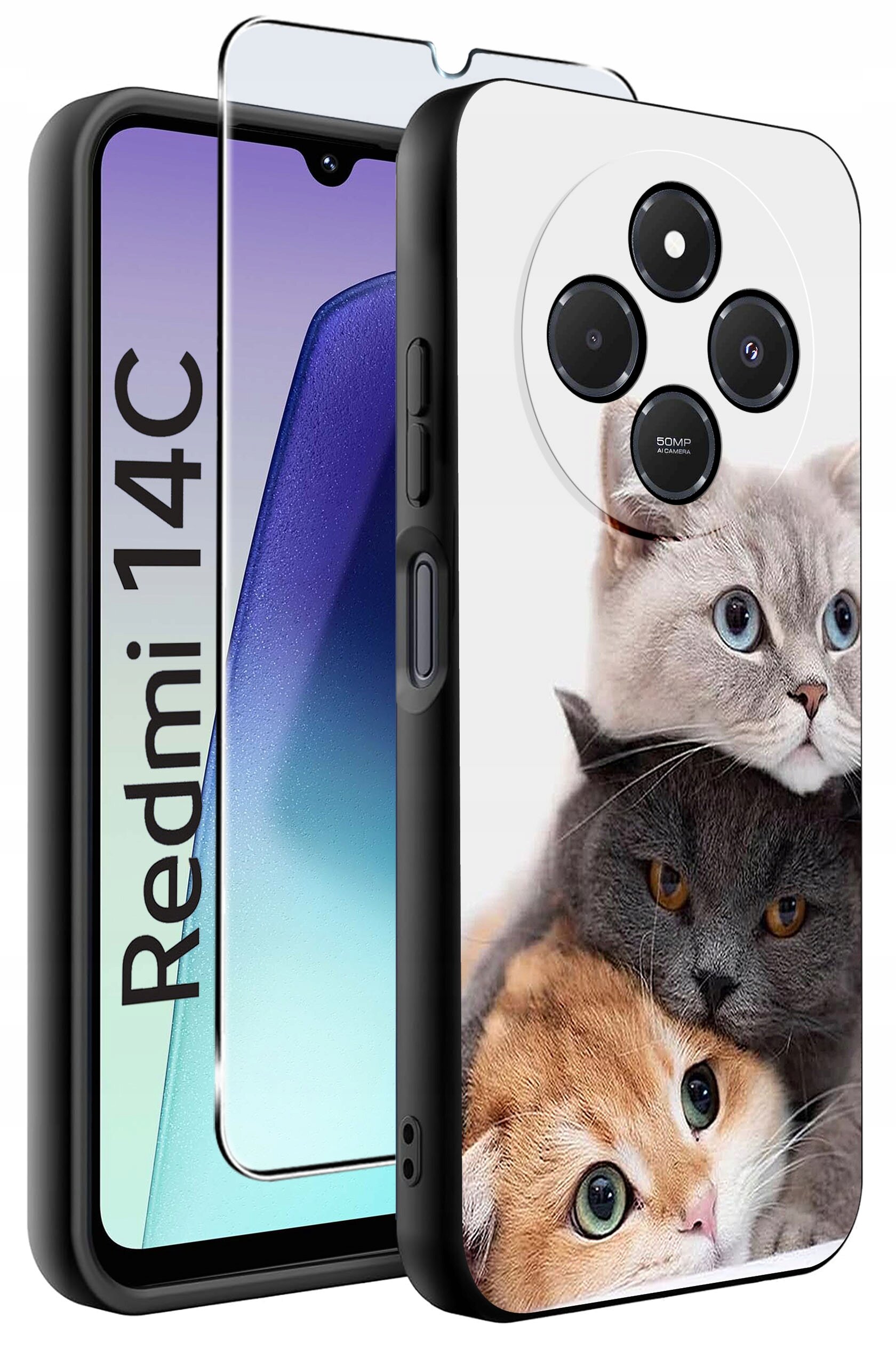 Etui na telefon z nadrukiem trzech kotów, z przezroczystą osłoną na ekran. Obok widoczny jest napis \'Redmi 14C\'.