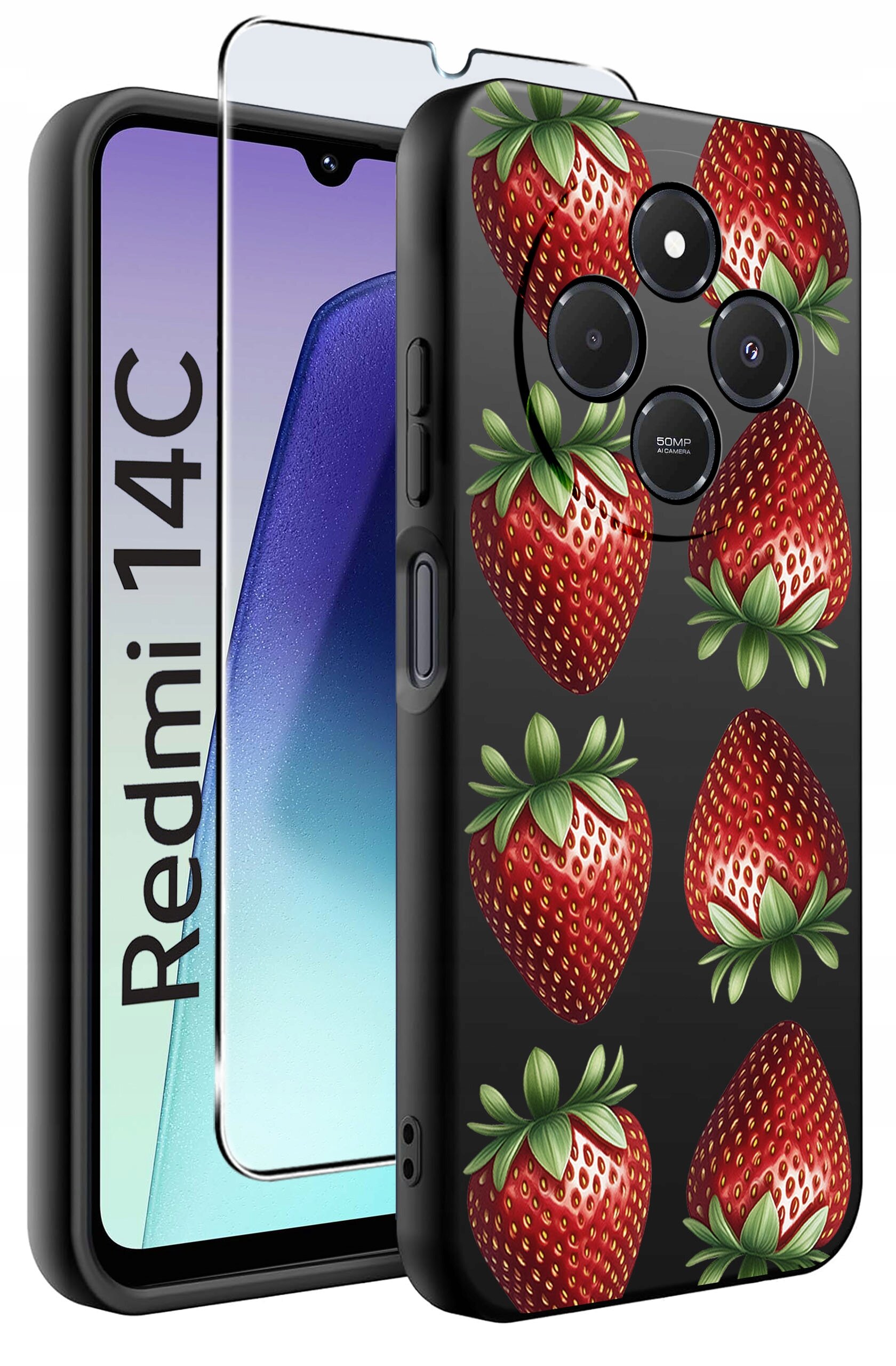 Obraz przedstawia etui na telefon z motywem truskawek oraz szkło ochronne. Na ekranie telefonu widoczny jest napis \'Redmi 14C\'.