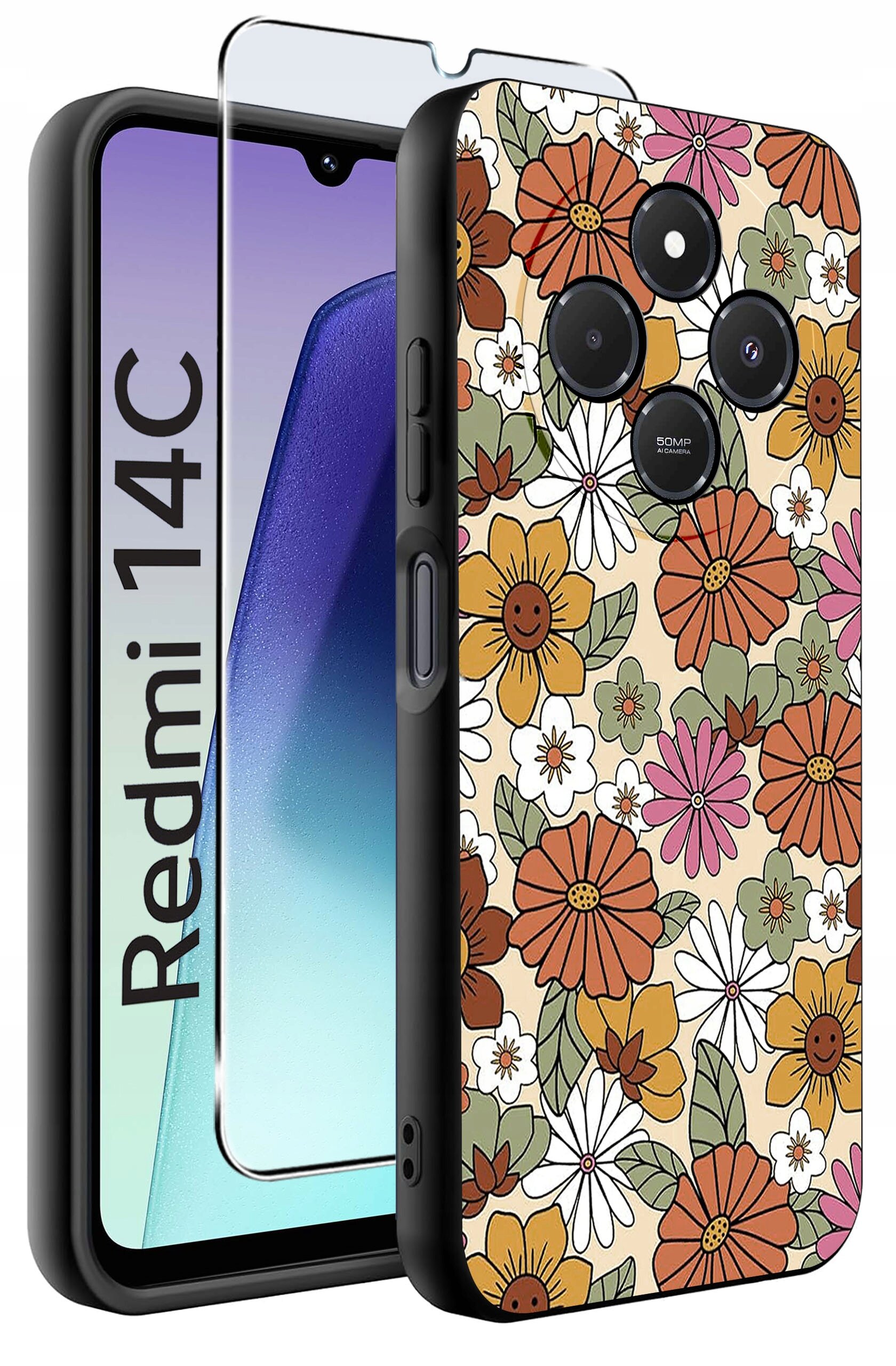 Obraz przedstawia telefon z etui ozdobionym kolorowymi kwiatami oraz szkło ochronne. Na ekranie telefonu widoczny jest napis \'Redmi 14C\'.