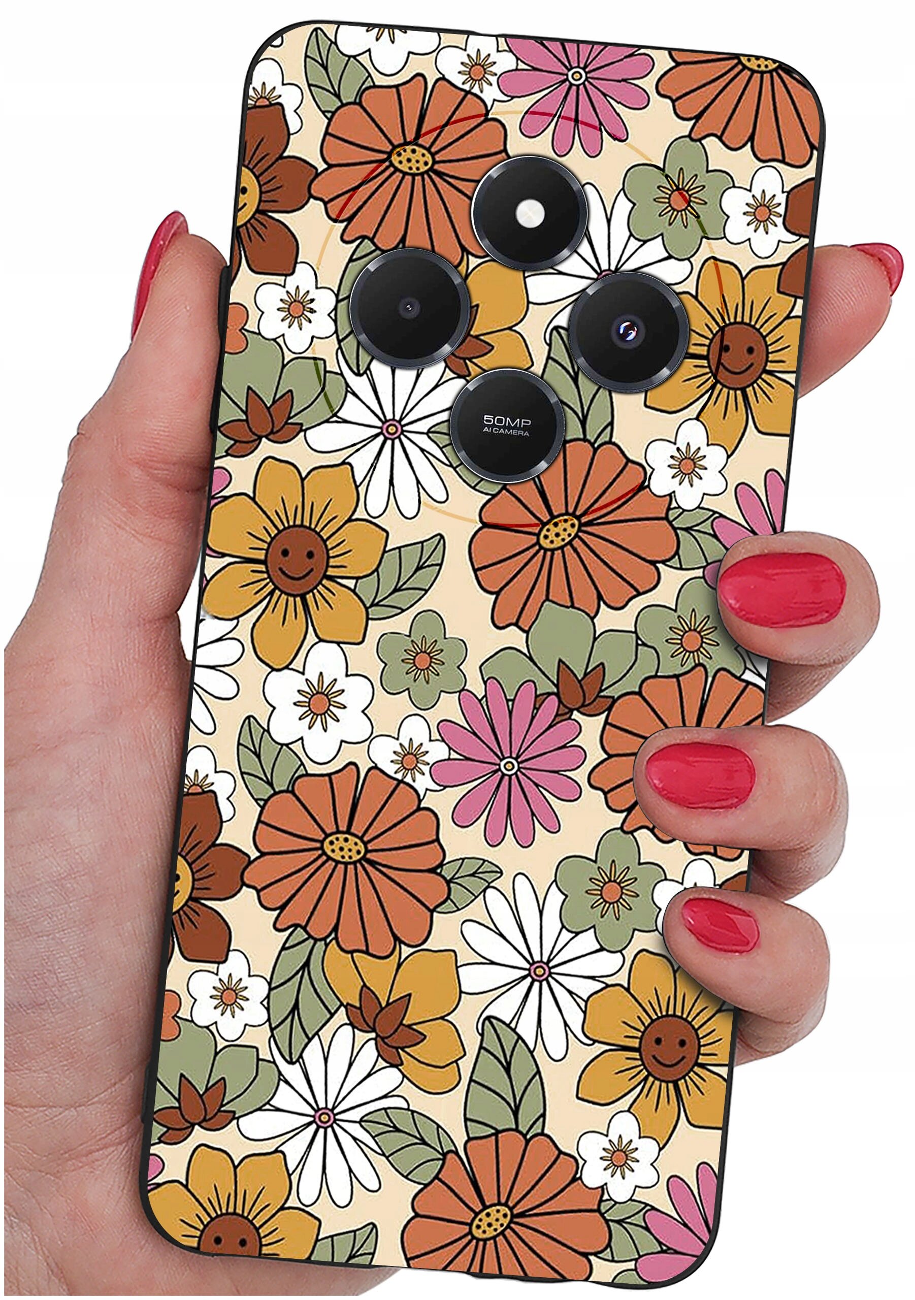Etui na telefon z kolorowym wzorem kwiatów w odcieniach pomarańczowego, różowego, białego i zielonego. Etui trzymane jest w dłoni z pomalowanymi na czerwono paznokciami.