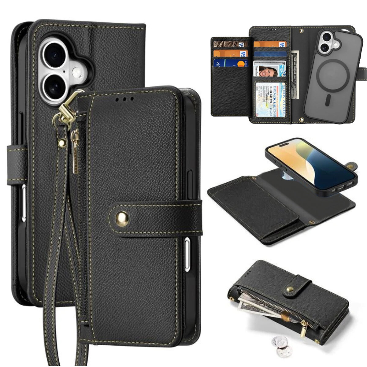 Na obrazie widoczne jest czarne etui na telefon z funkcją portfela, posiadające miejsce na karty i dokumenty oraz zamek błyskawiczny. Etui jest przystosowane do systemu MagSafe i ma wycięcia na aparat oraz przyciski.