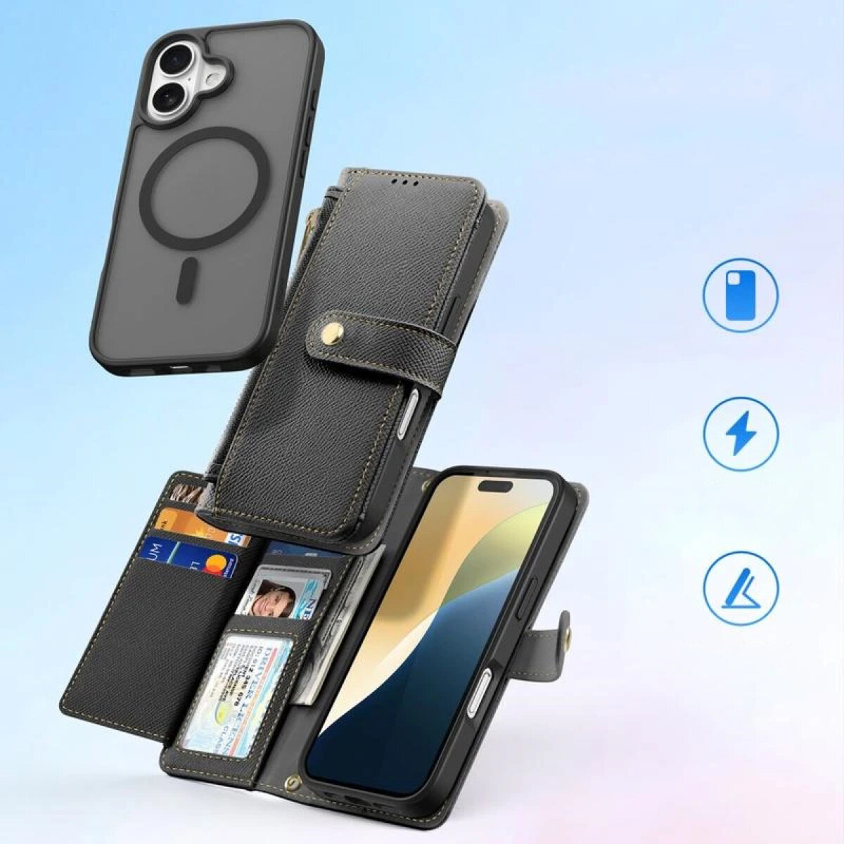 Na obrazie widoczne jest czarne etui na telefon z funkcją portfela, z miejscem na karty i dokumenty. Obok etui znajdują się trzy ikony symbolizujące funkcje: kompatybilność z MagSafe, ładowanie bezprzewodowe i funkcję stojaka.