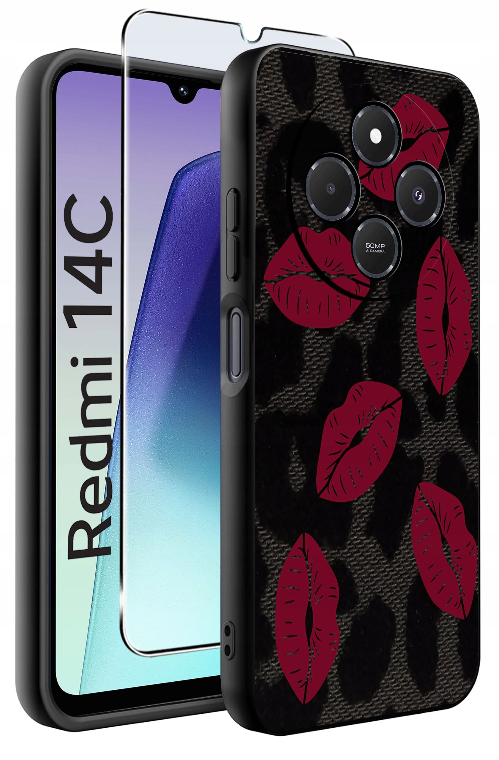 Obraz przedstawia etui na telefon z wzorem czerwonych ust na czarnym tle oraz szkło ochronne. Na ekranie telefonu widoczny jest napis \'Redmi 14C\'.