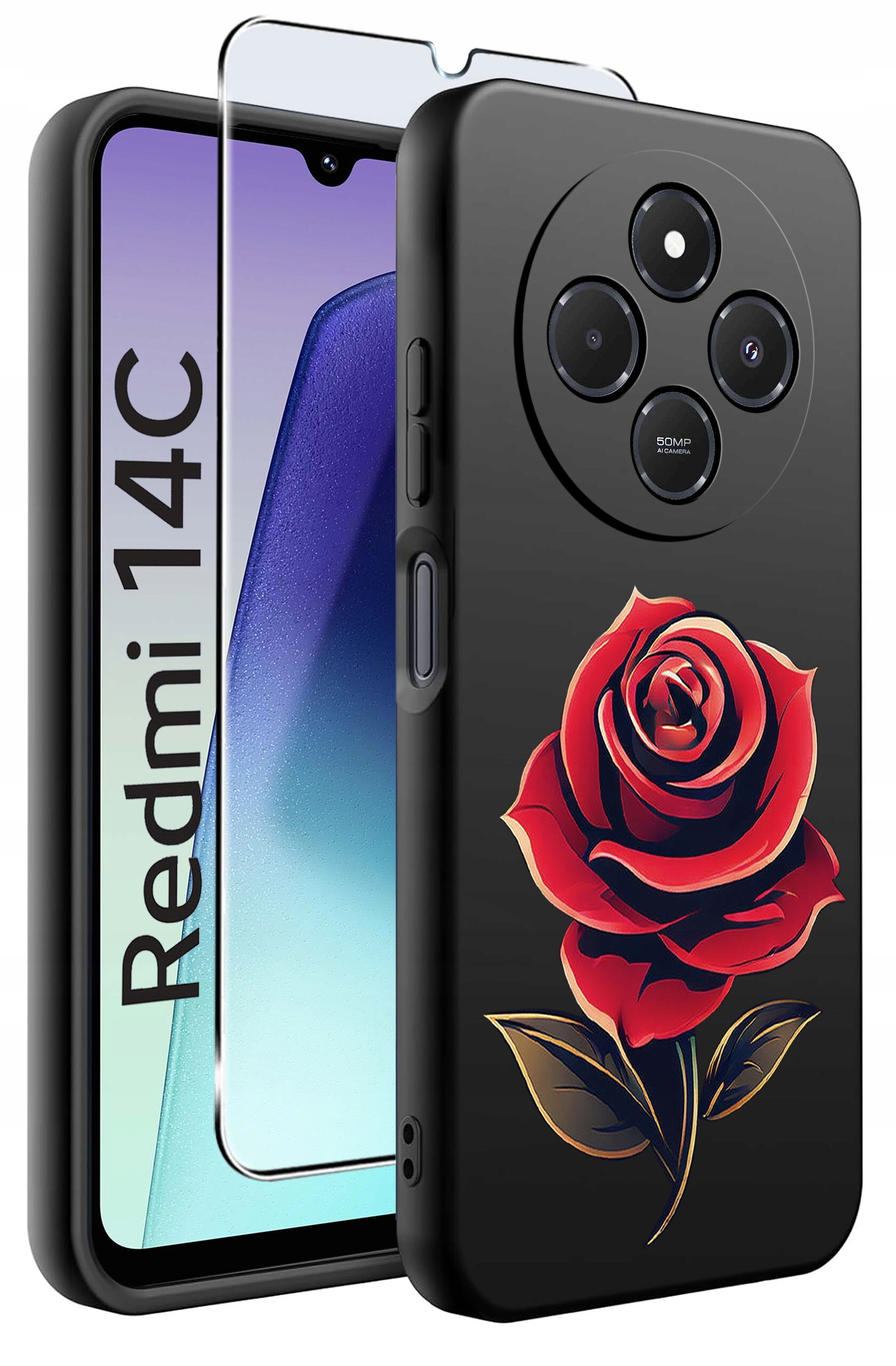 Obraz przedstawia czarne etui na telefon z czerwonym wzorem róży oraz szkło ochronne. Na ekranie telefonu widoczny jest napis \'Redmi 14C\'.