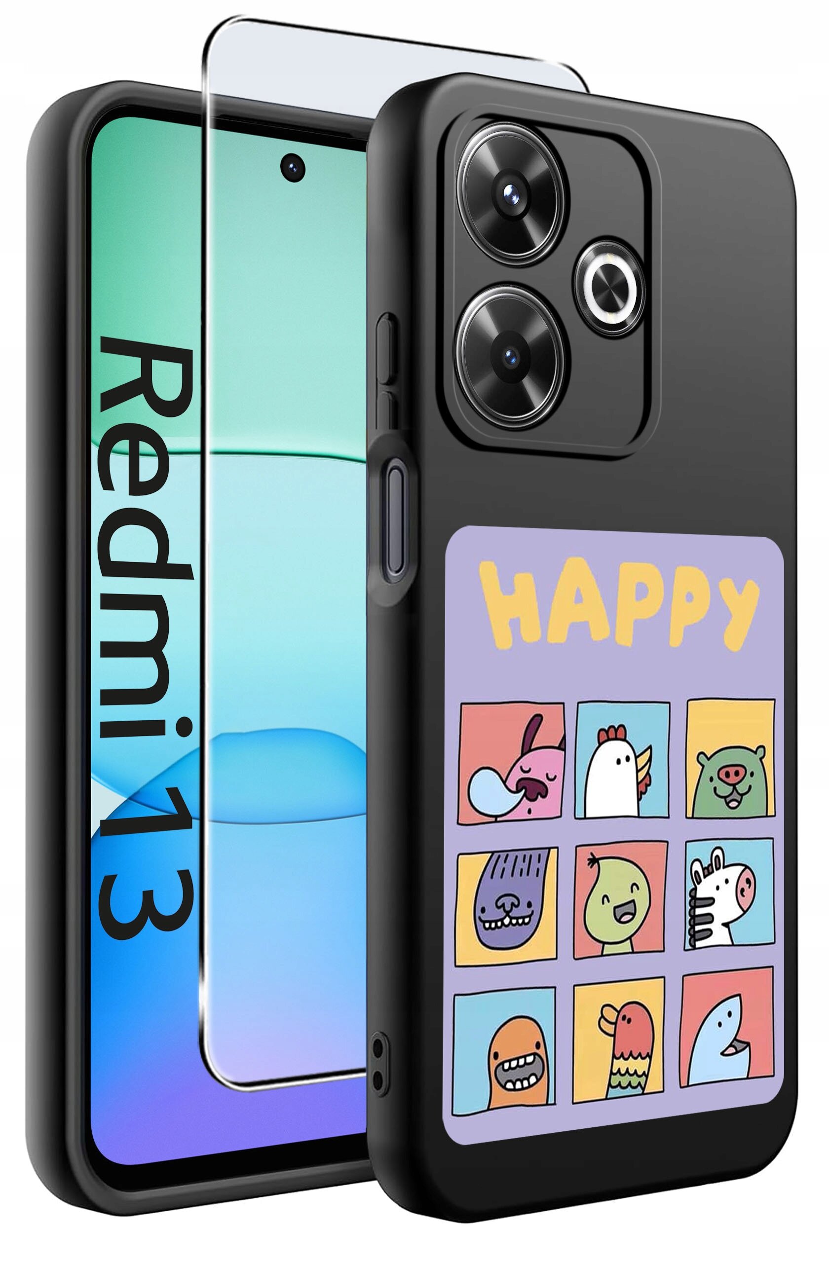 Obraz przedstawia etui na telefon z kolorowymi rysunkami zwierząt i napisem \'HAPPY\'. Obok etui widoczny jest telefon z napisem \'Redmi 13\' na ekranie oraz szkło ochronne.