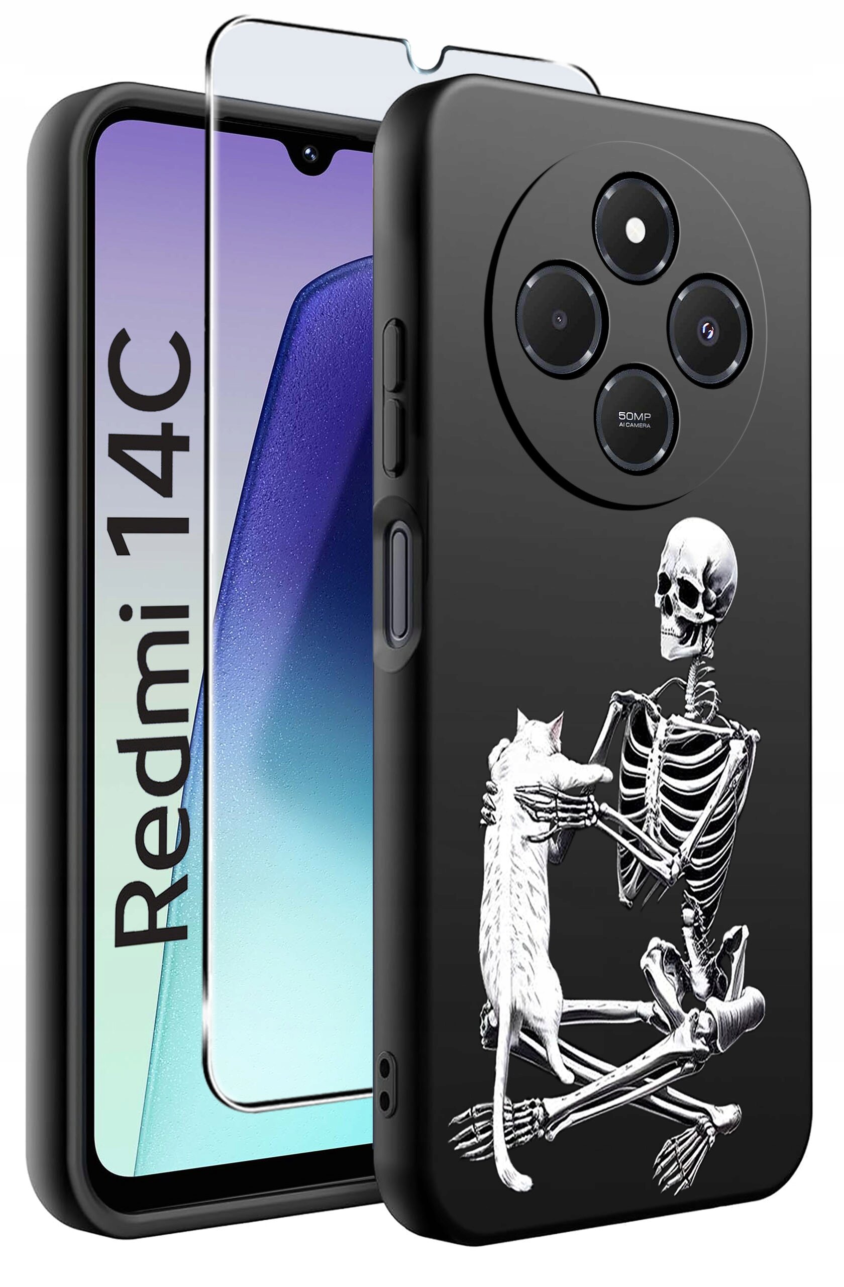 Etui na telefon z nadrukiem szkieletu trzymającego kota, obok widoczny jest napis \'Redmi 14C\'.