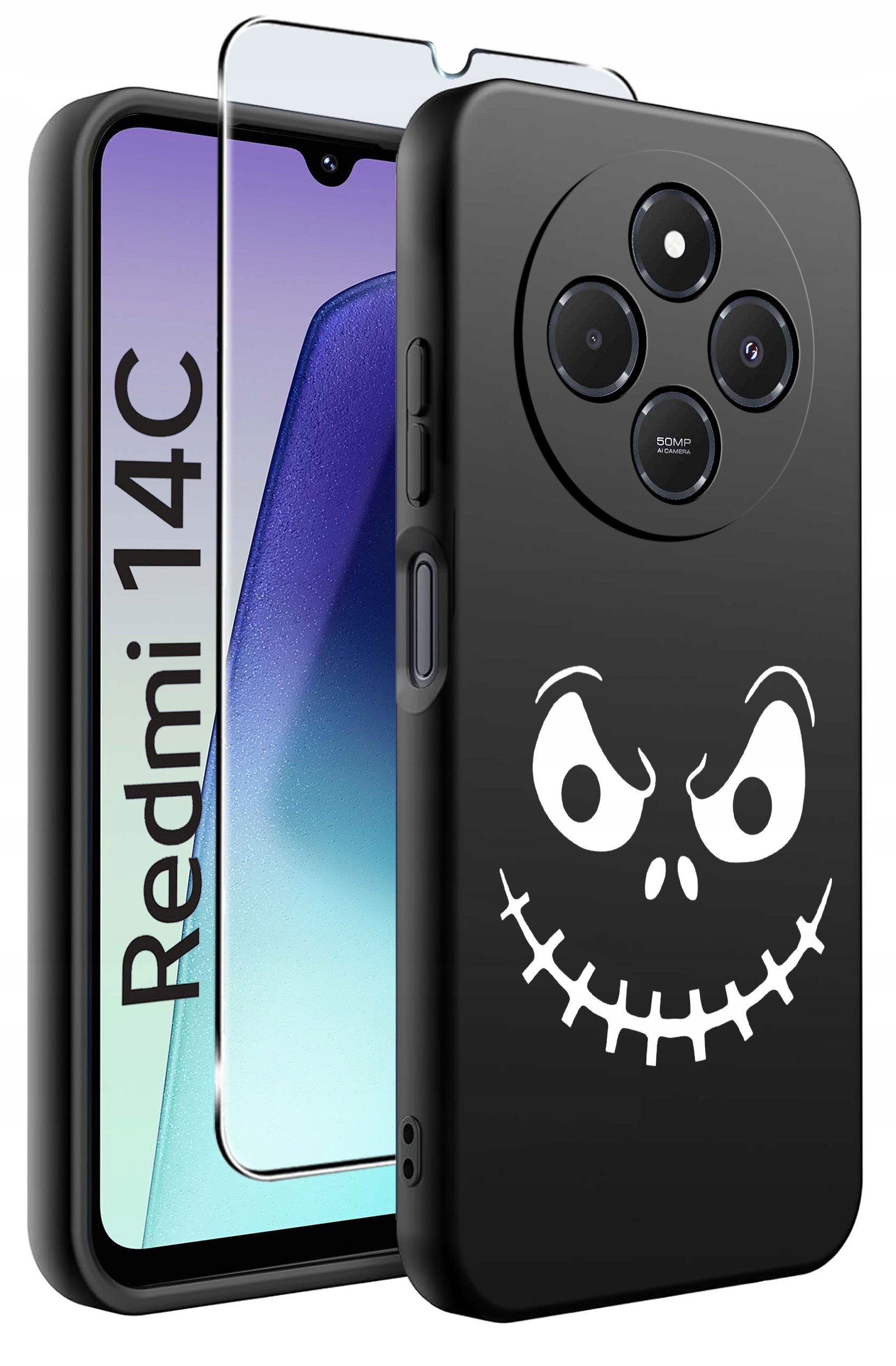 Obraz przedstawia czarne etui na telefon z nadrukiem białej, uśmiechniętej twarzy. Obok etui znajduje się szkło ochronne oraz telefon z widocznym napisem \'Redmi 14C\'.