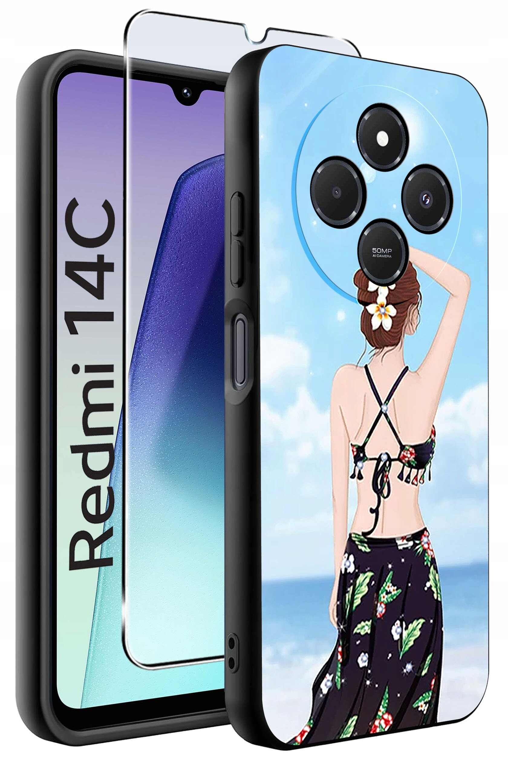 Obraz przedstawia etui na telefon z grafiką kobiety w stroju plażowym na tle nieba i morza. Obok etui widoczny jest telefon z napisem \'Redmi 14C\'.