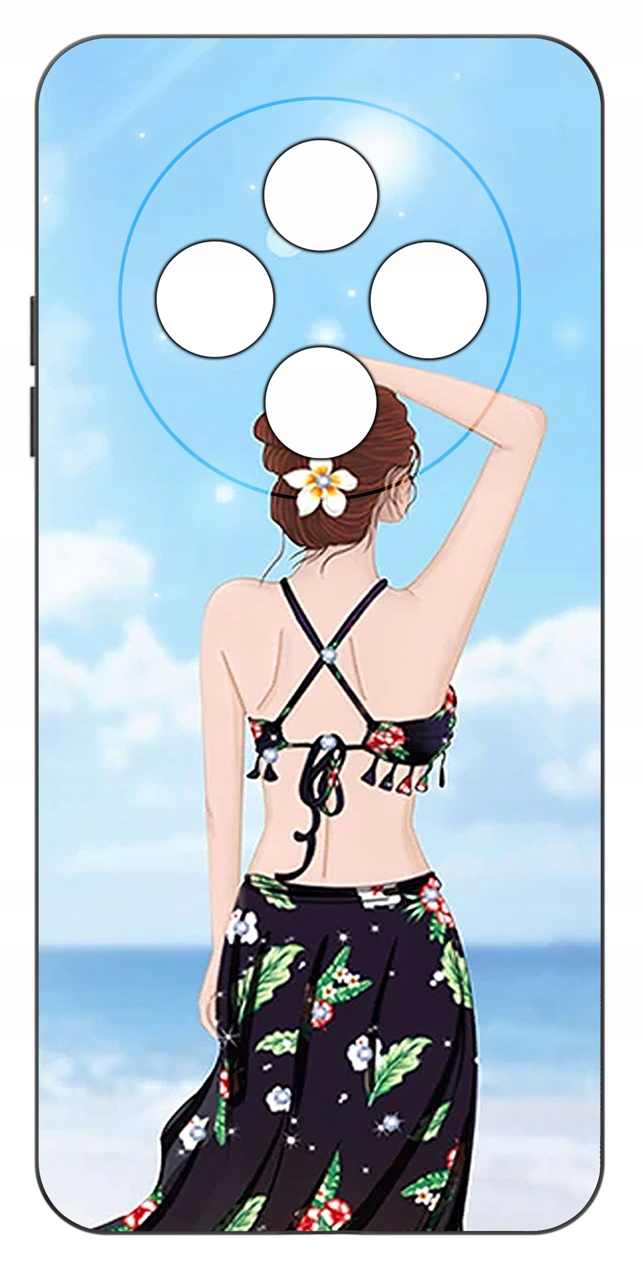 Etui na telefon z grafiką przedstawiającą osobę w stroju kąpielowym na tle plaży i nieba. W górnej części etui znajdują się cztery okrągłe wycięcia na aparat.