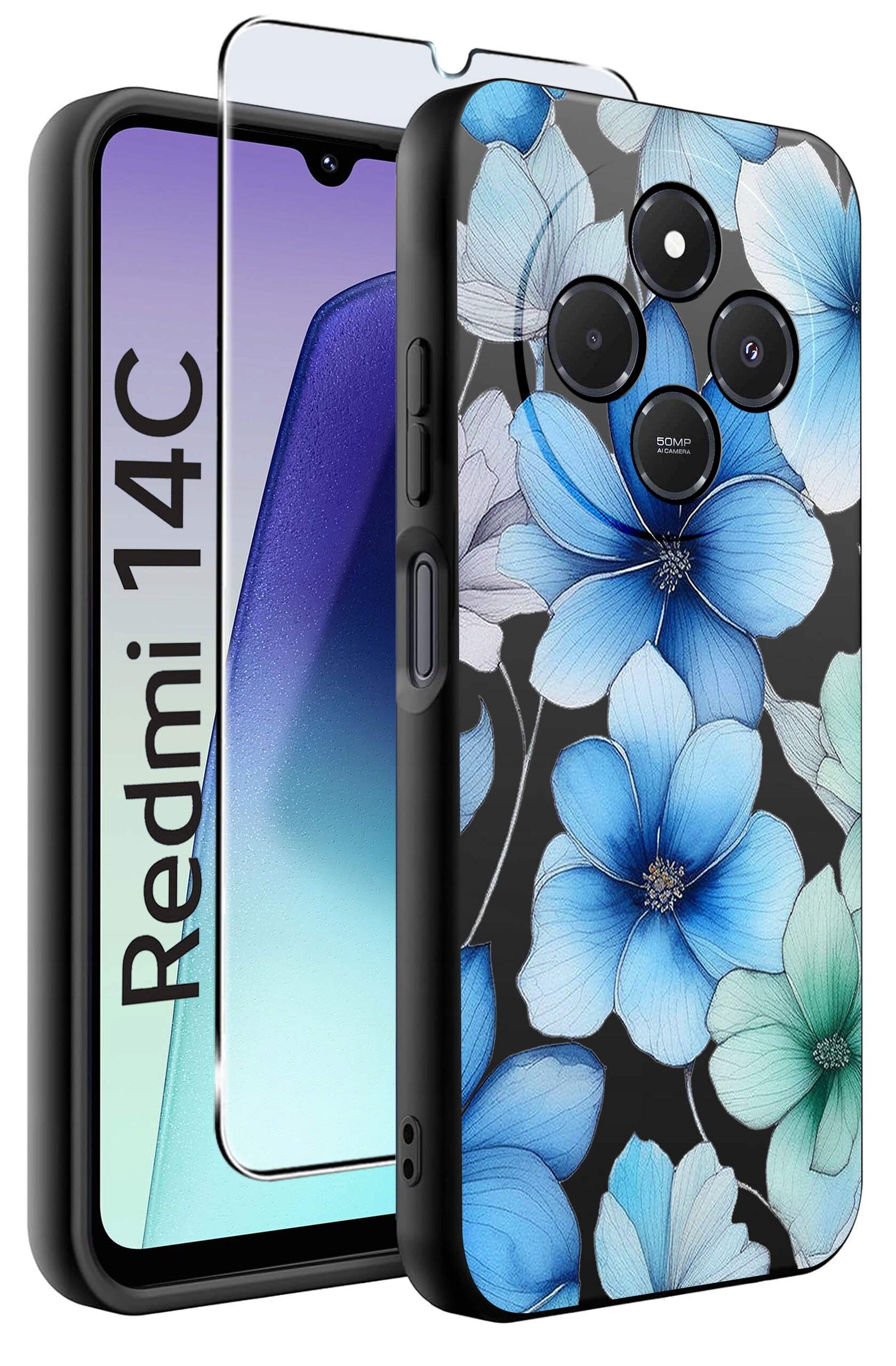 Obraz przedstawia etui na telefon z wzorem niebieskich kwiatów oraz szkło ochronne. Na ekranie telefonu widoczny jest napis \'Redmi 14C\'.