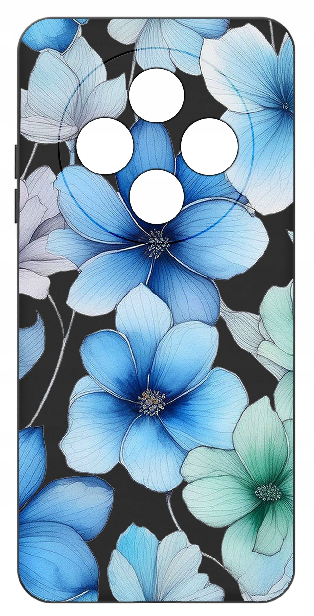 Etui na telefon z wzorem dużych kwiatów w odcieniach niebieskiego i zielonego na ciemnym tle. W górnej części znajdują się cztery okrągłe wycięcia na aparat.