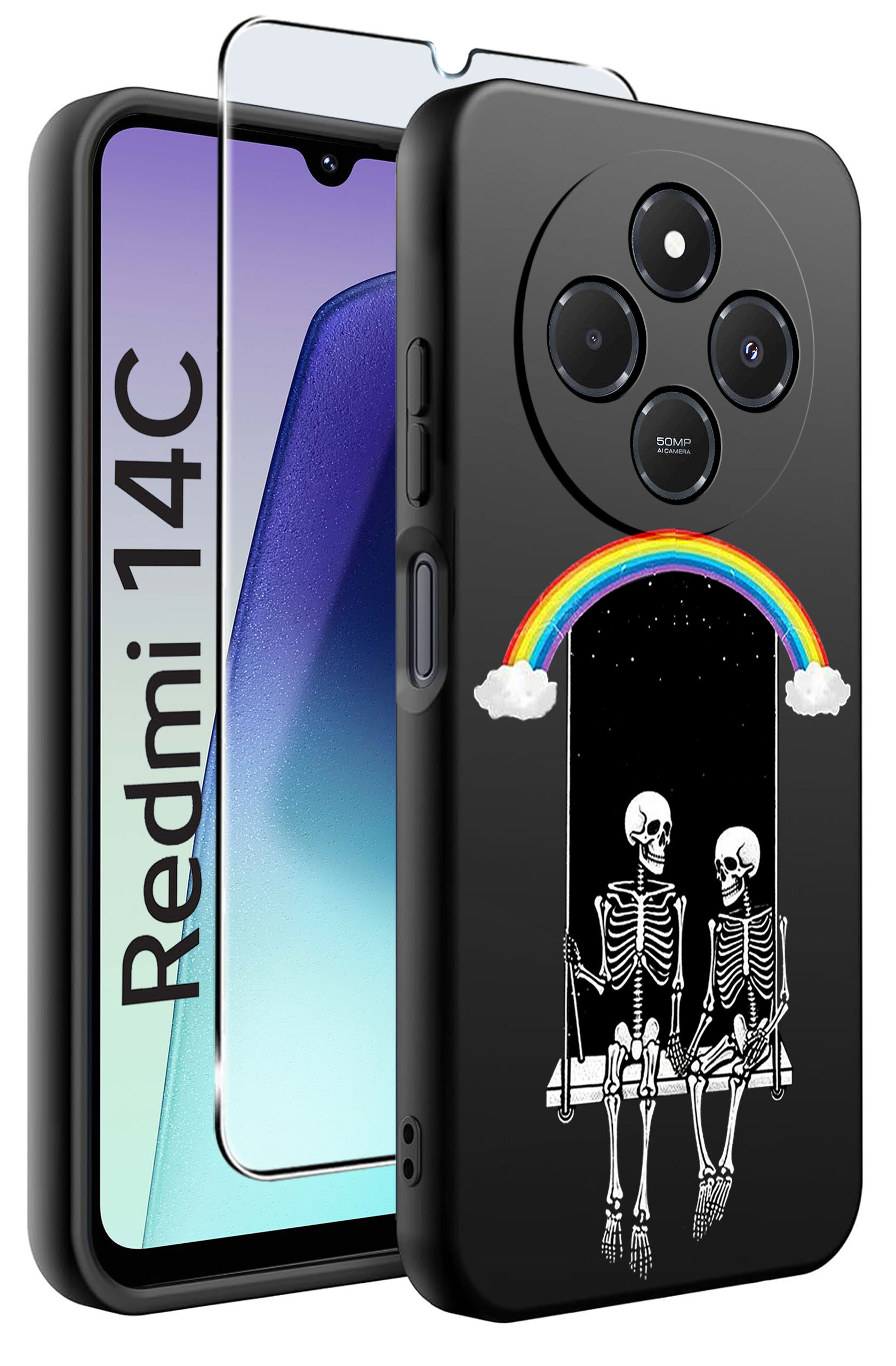 Obraz przedstawia czarne etui na telefon z nadrukiem dwóch szkieletów siedzących na huśtawce pod tęczą. Obok etui widoczny jest telefon z napisem \'Redmi 14C\' oraz szkło ochronne.