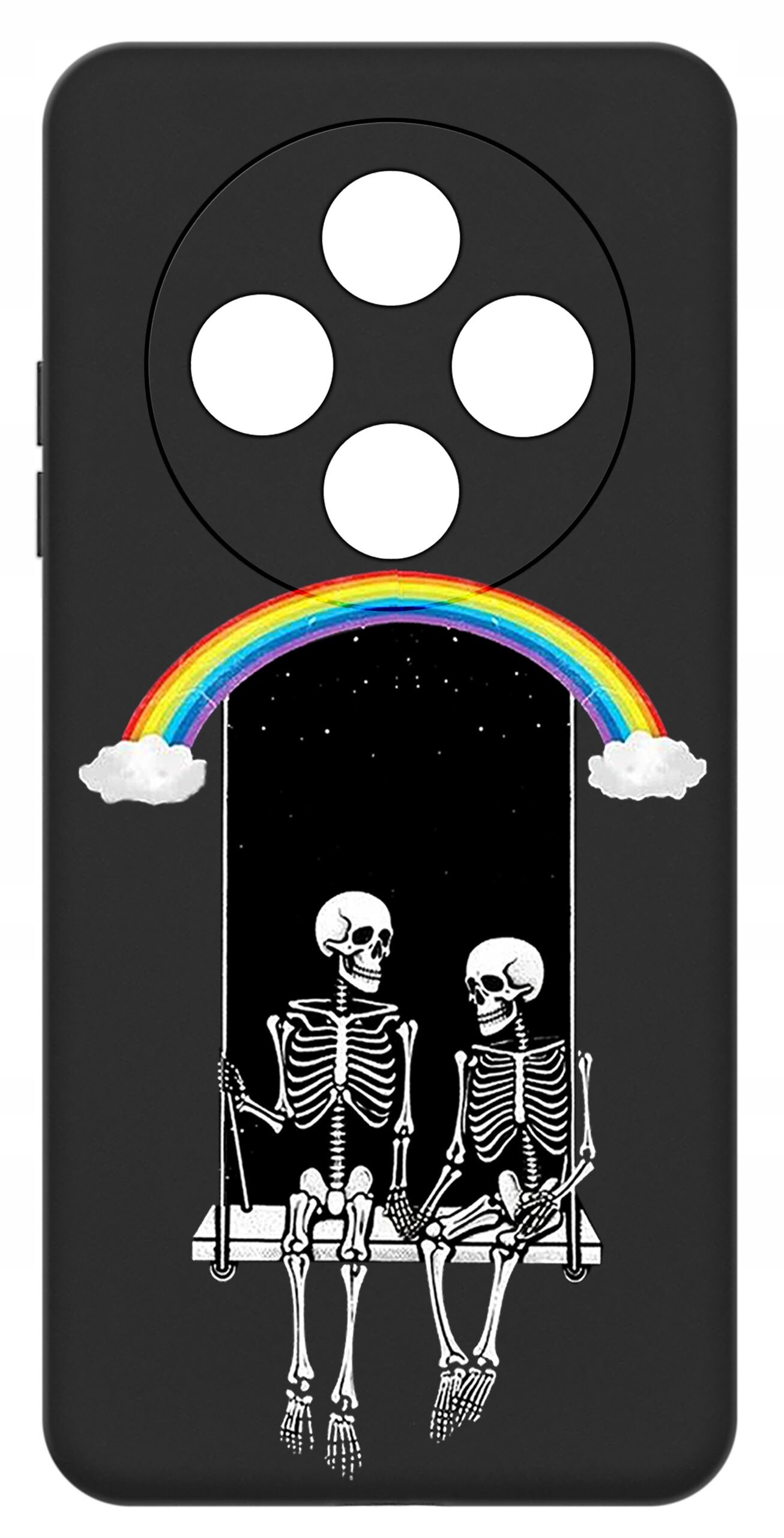 Czarne etui na telefon z grafiką przedstawiającą dwa szkielety siedzące na huśtawce pod tęczą. W tle widoczne są gwiazdy na ciemnym tle.