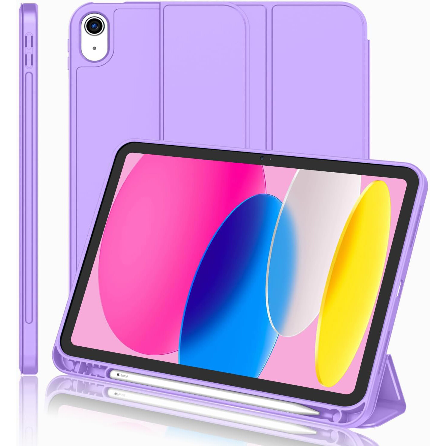Fioletowe etui na tablet z funkcją stojaka, prezentujące urządzenie z kolorowym ekranem. Etui ma wycięcie na aparat i miejsce na rysik.