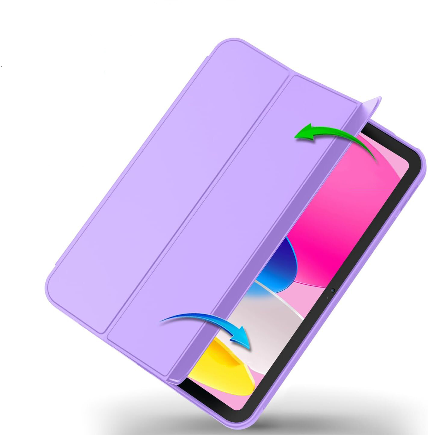 Fioletowe etui na tablet złożone w trójkątną formę, z widocznymi strzałkami wskazującymi kierunek składania. W tle widać ekran tabletu z kolorowym wyświetlaczem.