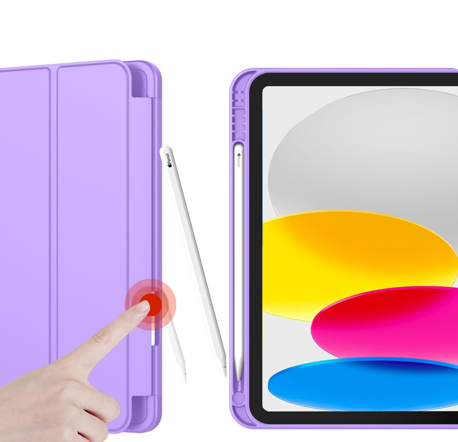 Fioletowe etui na tablet z miejscem na rysik, obok widoczny tablet z kolorowym ekranem. Rysik z napisem \'pencil\' jest umieszczony w specjalnym uchwycie w etui.