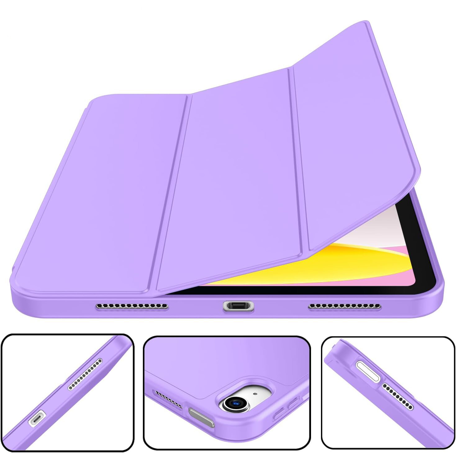 Fioletowe etui na tablet z funkcją składania, widoczne z różnych perspektyw. Etui posiada wycięcia na porty i aparat.