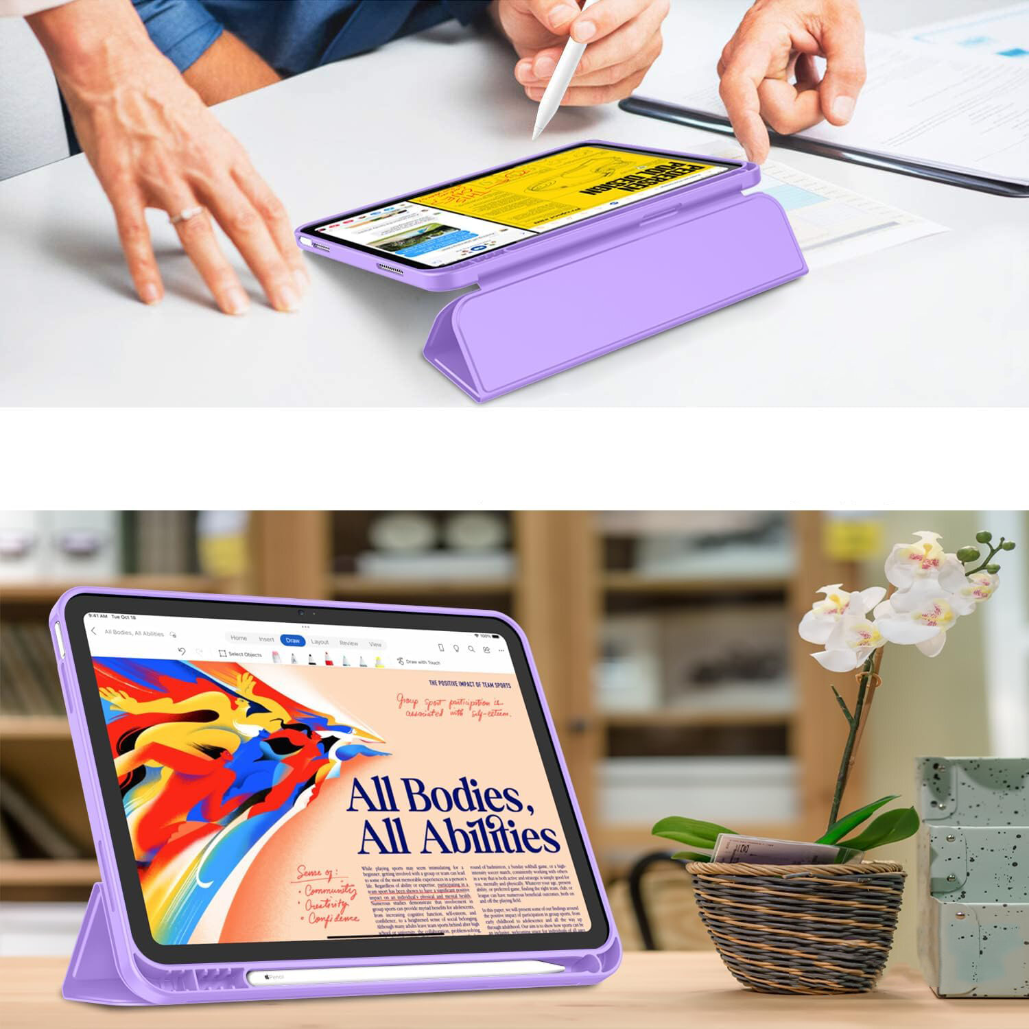 Na obrazie widoczny jest tablet w fioletowym etui, ustawiony w pozycji stojącej na stole. Na ekranie tabletu wyświetlany jest tekst \'All Bodies, All Abilities\'.