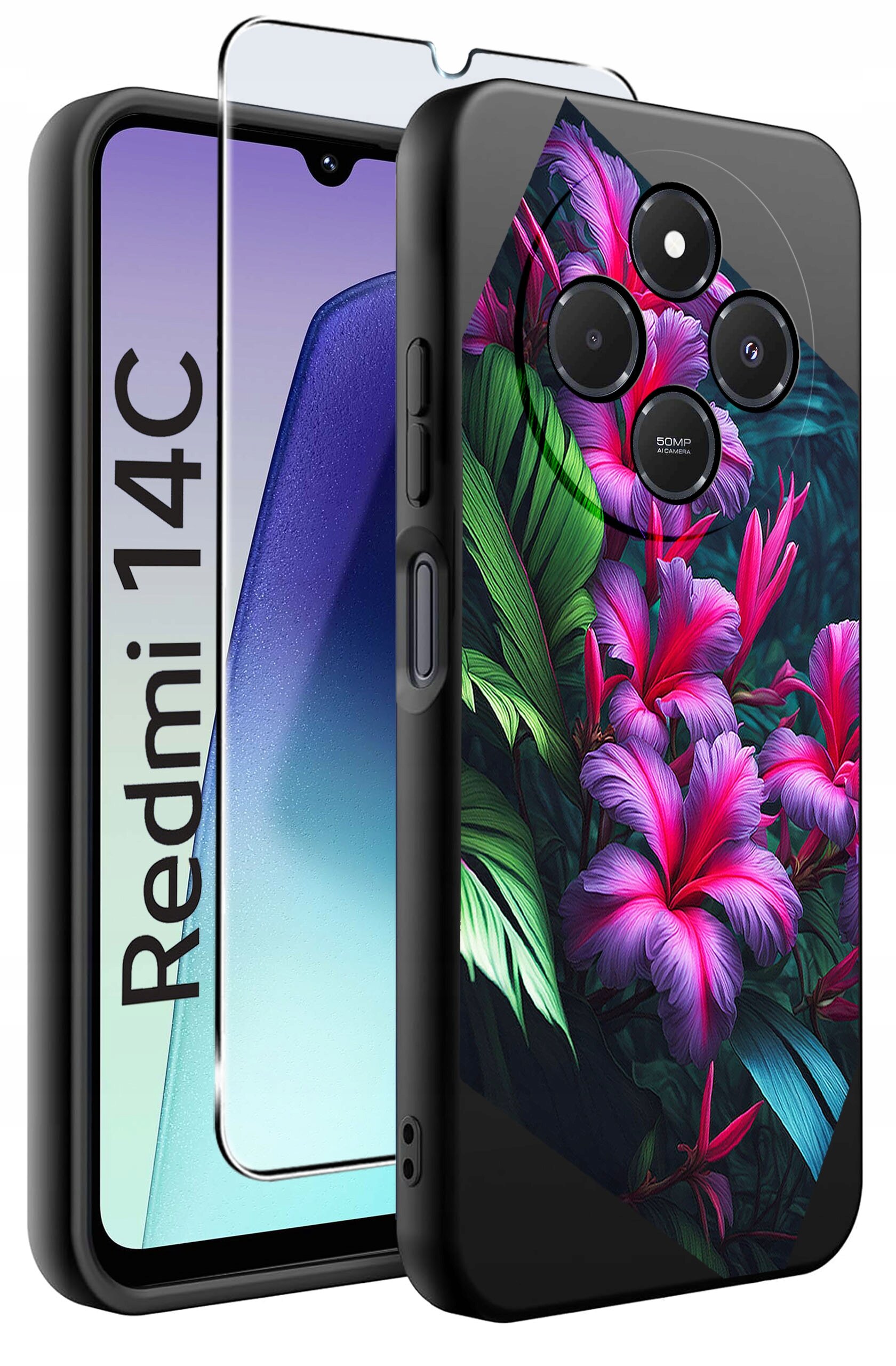 Obraz przedstawia etui na telefon z kolorowym wzorem kwiatów i liści oraz szkło ochronne. Na ekranie telefonu widoczny jest napis \'Redmi 14C\'.