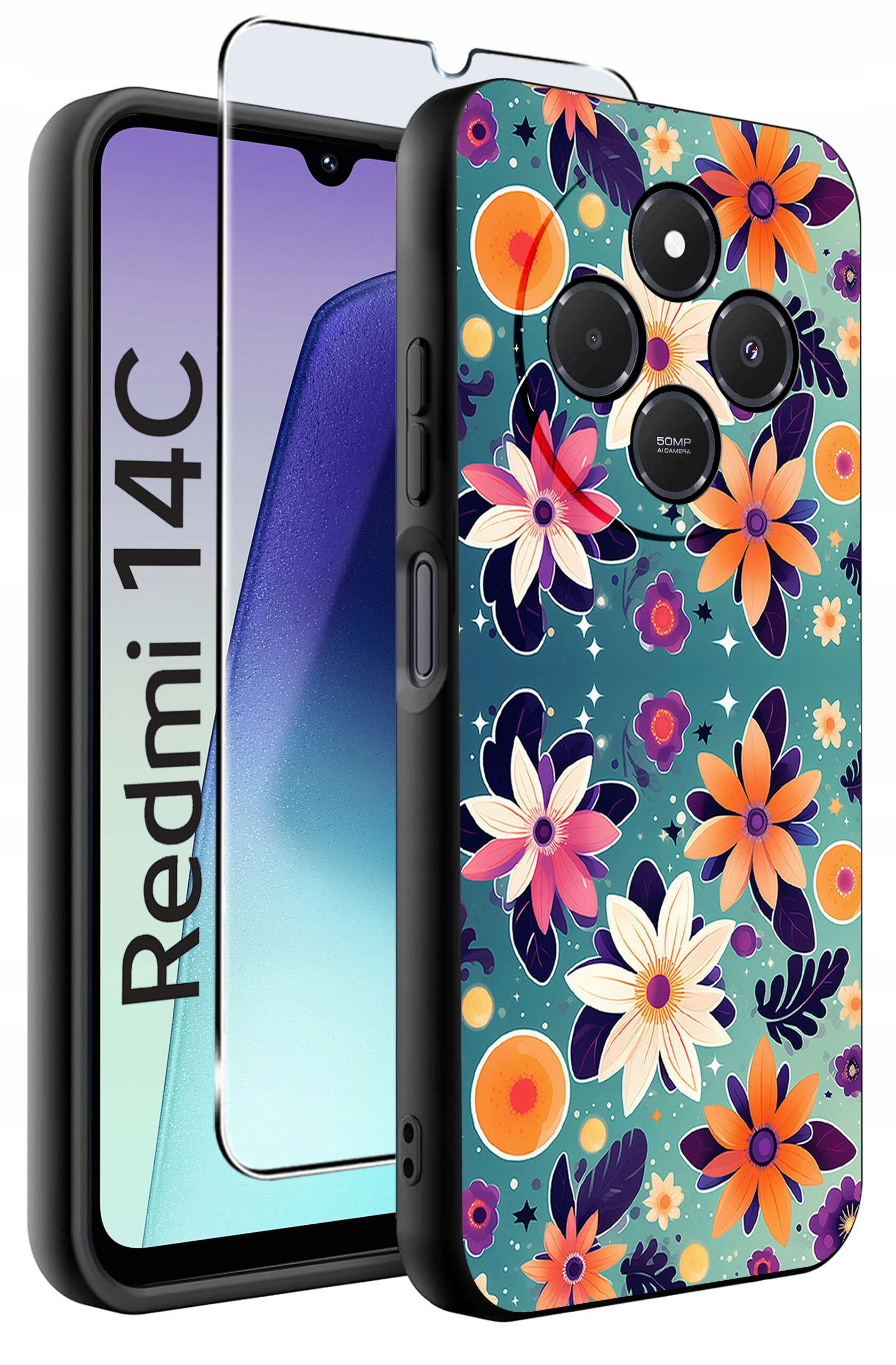 Obraz przedstawia etui na telefon z kolorowym wzorem kwiatowym oraz szkło ochronne. Na ekranie telefonu widoczny jest napis \'Redmi 14C\'.
