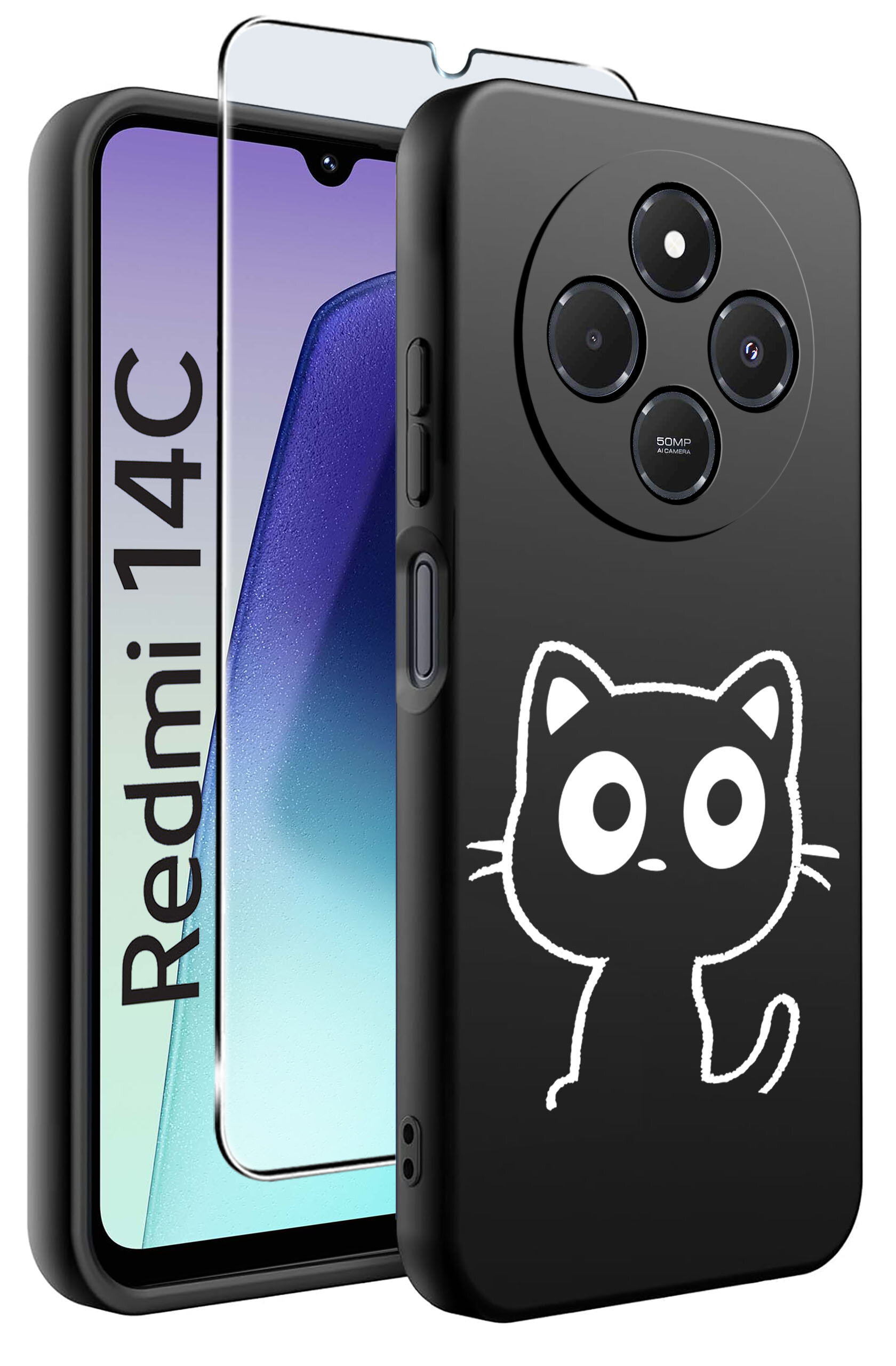 Czarne etui z białym rysunkiem kota, przeznaczone do telefonu Redmi 14C, obok szkło ochronne. Na ekranie telefonu widoczny napis \'Redmi 14C\'.