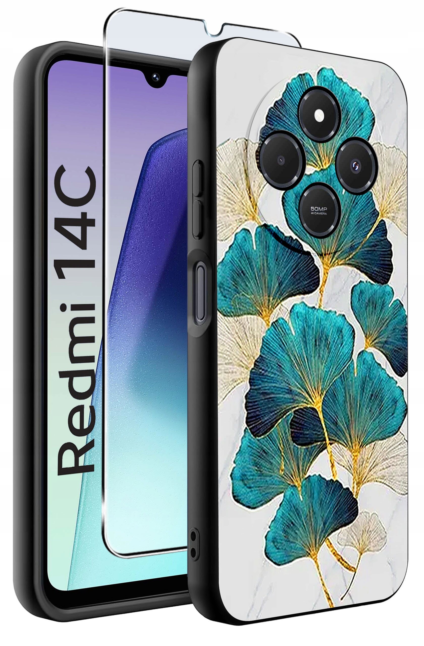 Obraz przedstawia etui na telefon z wzorem niebiesko-zielonych liści oraz szkło ochronne. Obok widoczny jest telefon z napisem \'Redmi 14C\'.