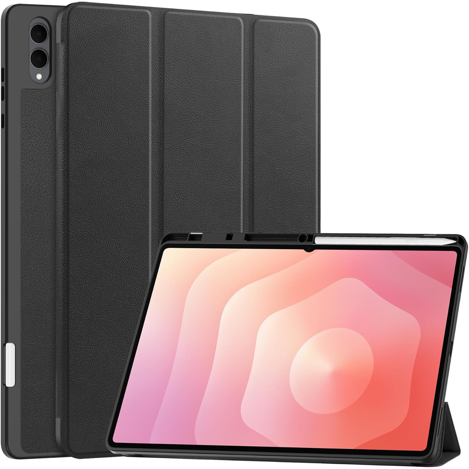 Czarne etui z klapką do tabletu, z miejscem na rysik, prezentowane w pozycji stojącej. Tablet w etui wyświetla abstrakcyjny wzór w odcieniach różu i pomarańczu.