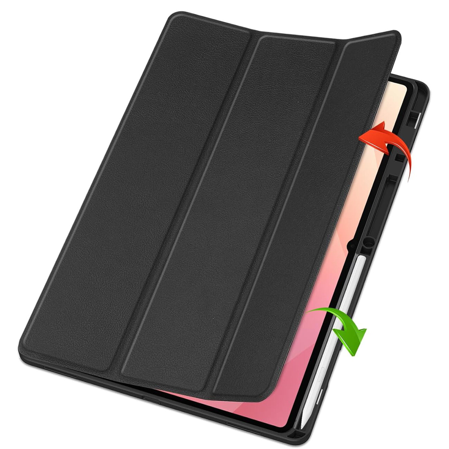 Czarne etui z klapką na tablet, z miejscem na rysik, częściowo otwarte. Widoczne są kolorowe strzałki wskazujące kierunek otwierania.
