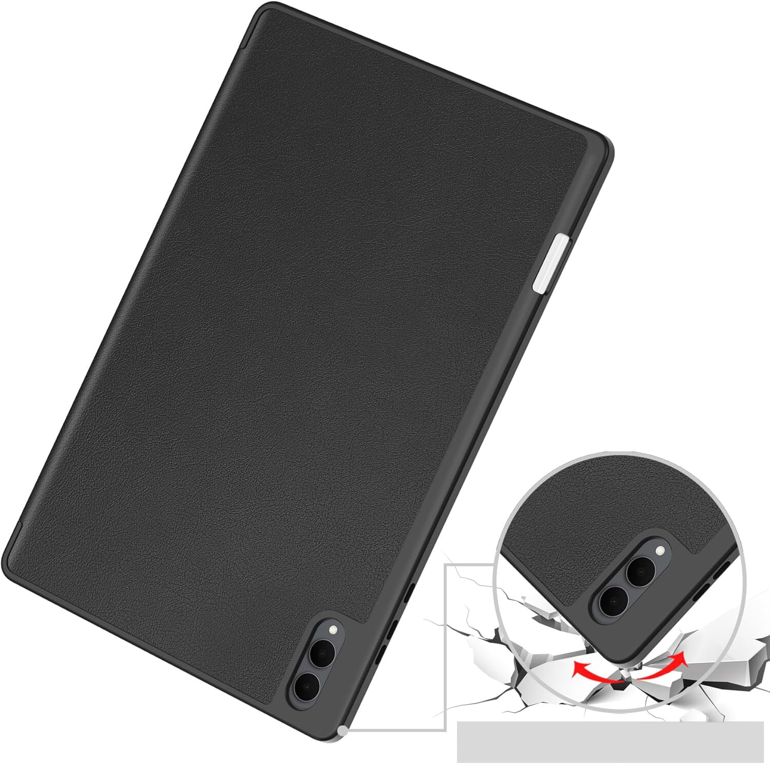 Czarne etui z klapką do tabletu z miejscem na rysik, posiada wycięcia na aparat. W dolnym rogu znajduje się grafika przedstawiająca ochronę narożnika etui przed uszkodzeniami.