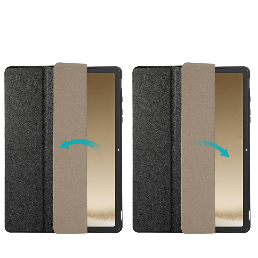 Obraz przedstawia dwa etui na tablet w kolorze czarnym z funkcją składania, z niebieskimi strzałkami wskazującymi kierunek otwierania. Etui mają miejsce na rysik i są przeznaczone do tabletów Samsung Galaxy Tab A9+ Plus 11.0 X210/X215/X216.