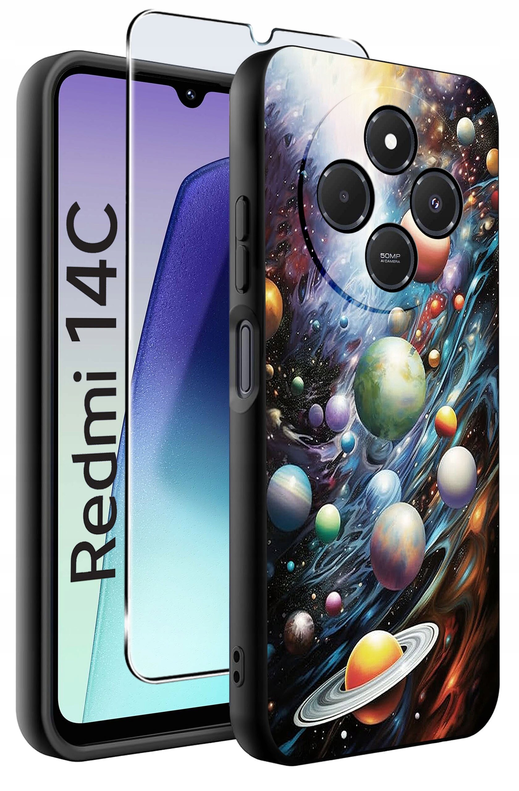 Obraz przedstawia etui na telefon z kolorowym wzorem kosmosu, z planetami i galaktykami. Obok etui widoczny jest telefon z napisem \'Redmi 14C\' oraz szkło ochronne.