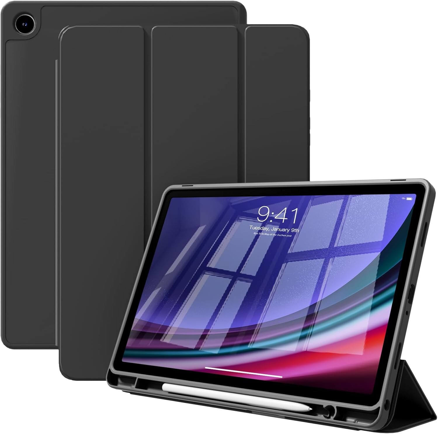 Obraz przedstawia czarne etui na tablet z miejscem na rysik, z widocznym tabletem w środku. Na ekranie tabletu wyświetlana jest godzina 9:41 i data Tuesday, January 9th.