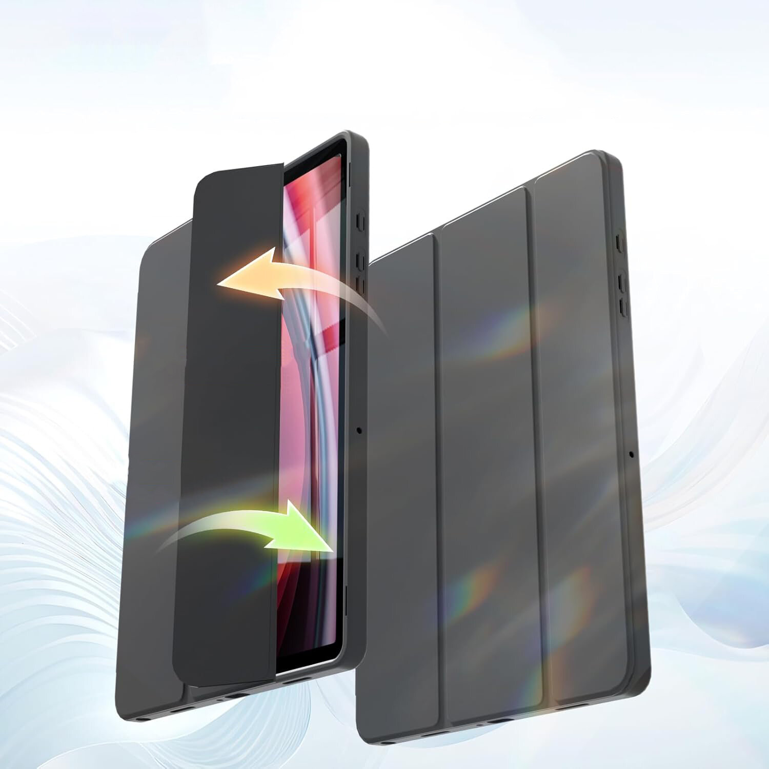 Obraz przedstawia etui na tablet z funkcją składania, z miejscem na rysik. Etui jest w kolorze ciemnoszarym, a na tle widać delikatne, kolorowe refleksy świetlne.