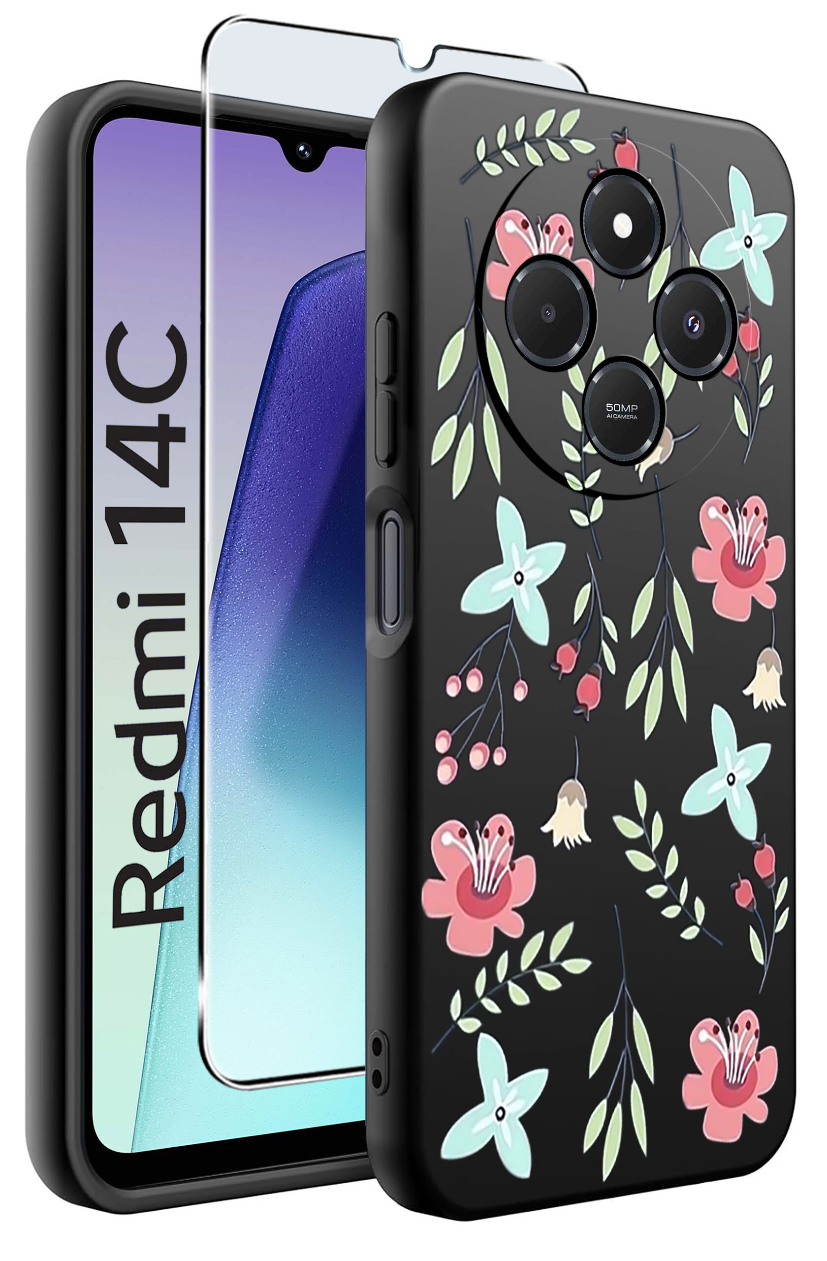 Obraz przedstawia etui na telefon z kwiatowym wzorem oraz szkło ochronne. Na ekranie telefonu widoczny jest napis \'Redmi 14C\'.