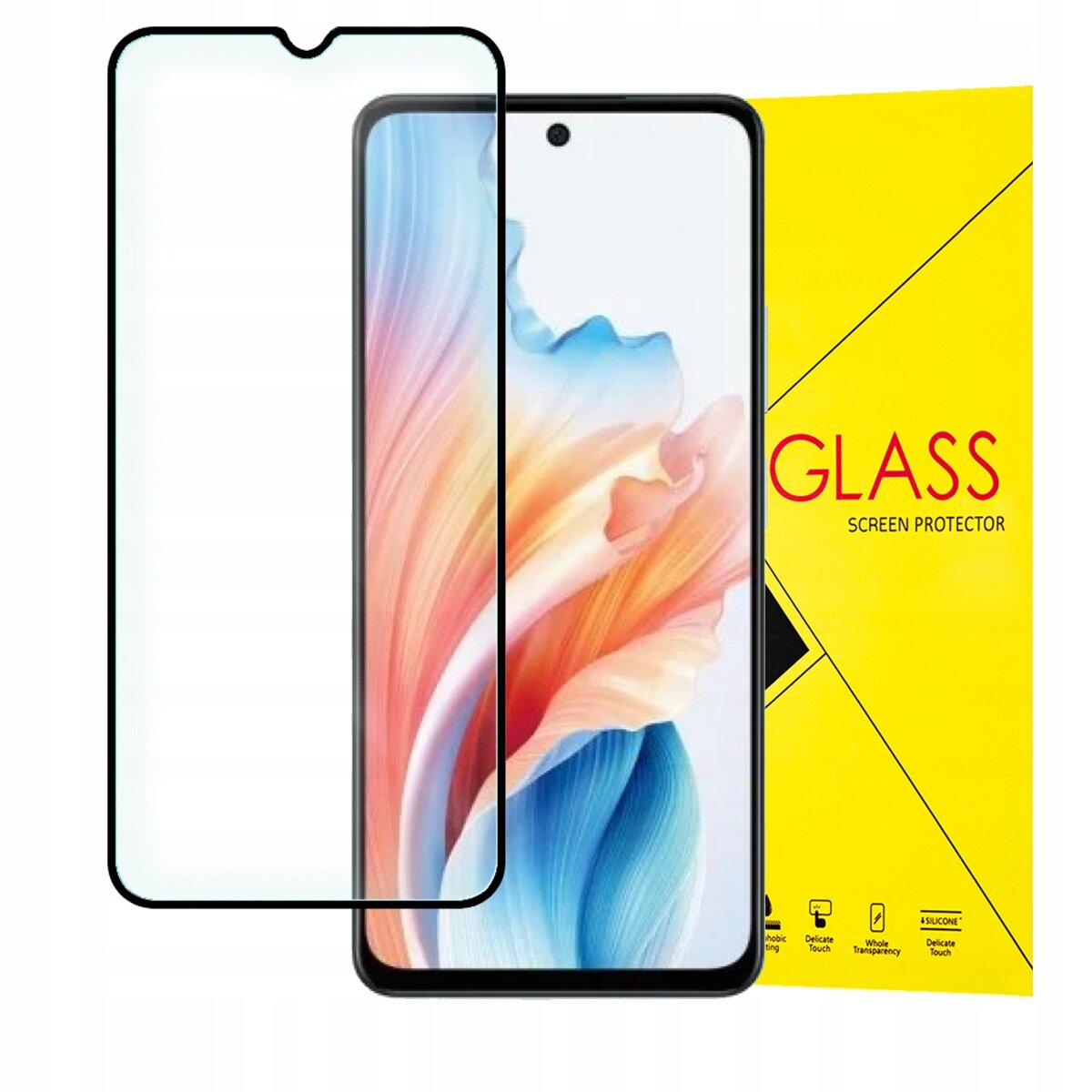 Obraz przedstawia szkło hartowane na telefon z wycięciem na aparat, obok znajduje się kolorowe pudełko z napisem \'GLASS SCREEN PROTECTOR\'.
