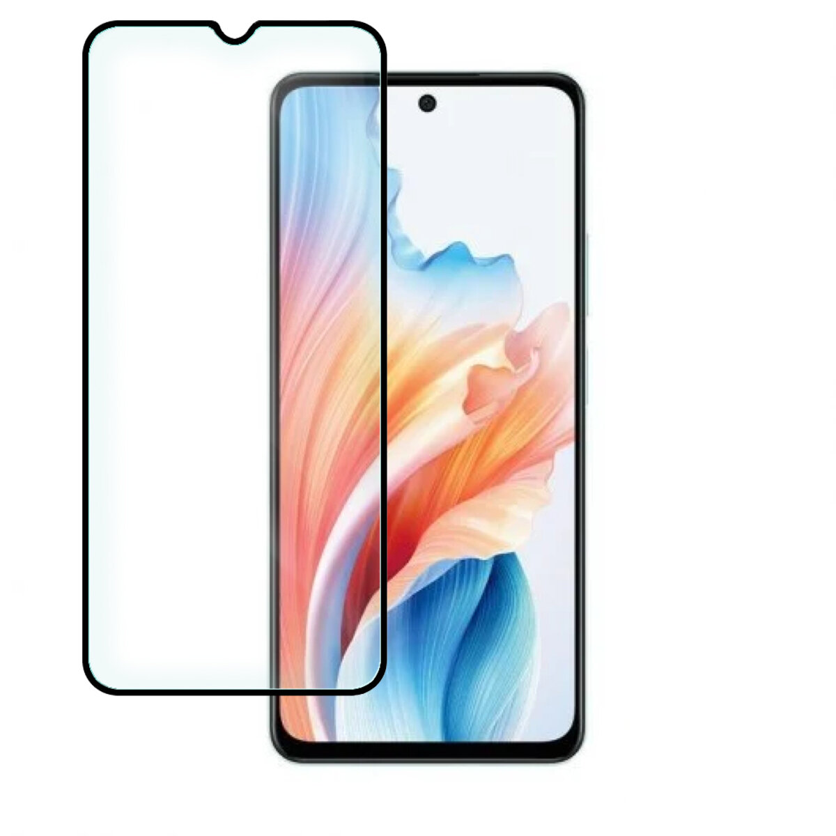Obraz przedstawia szkło hartowane na telefon, umieszczone przed wyświetlaczem z kolorową grafiką. Szkło ma wycięcie na aparat w górnej części.