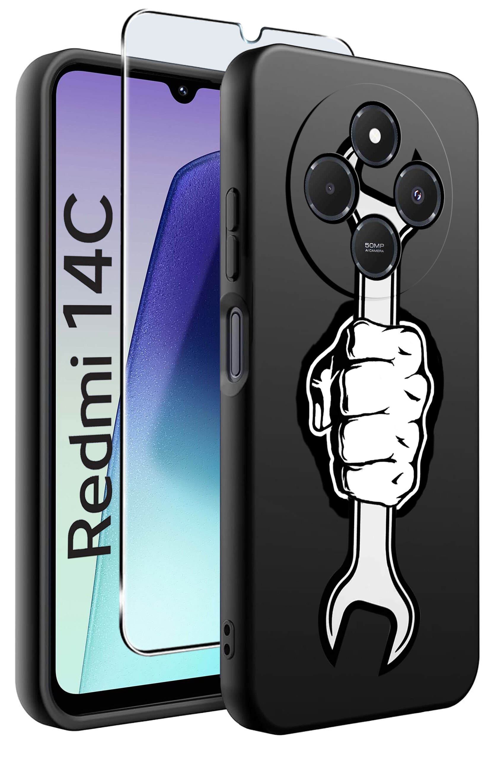 Obraz przedstawia czarne etui na telefon z nadrukiem dłoni trzymającej klucz oraz szkło ochronne. Obok widoczny jest telefon z napisem \'Redmi 14C\'.