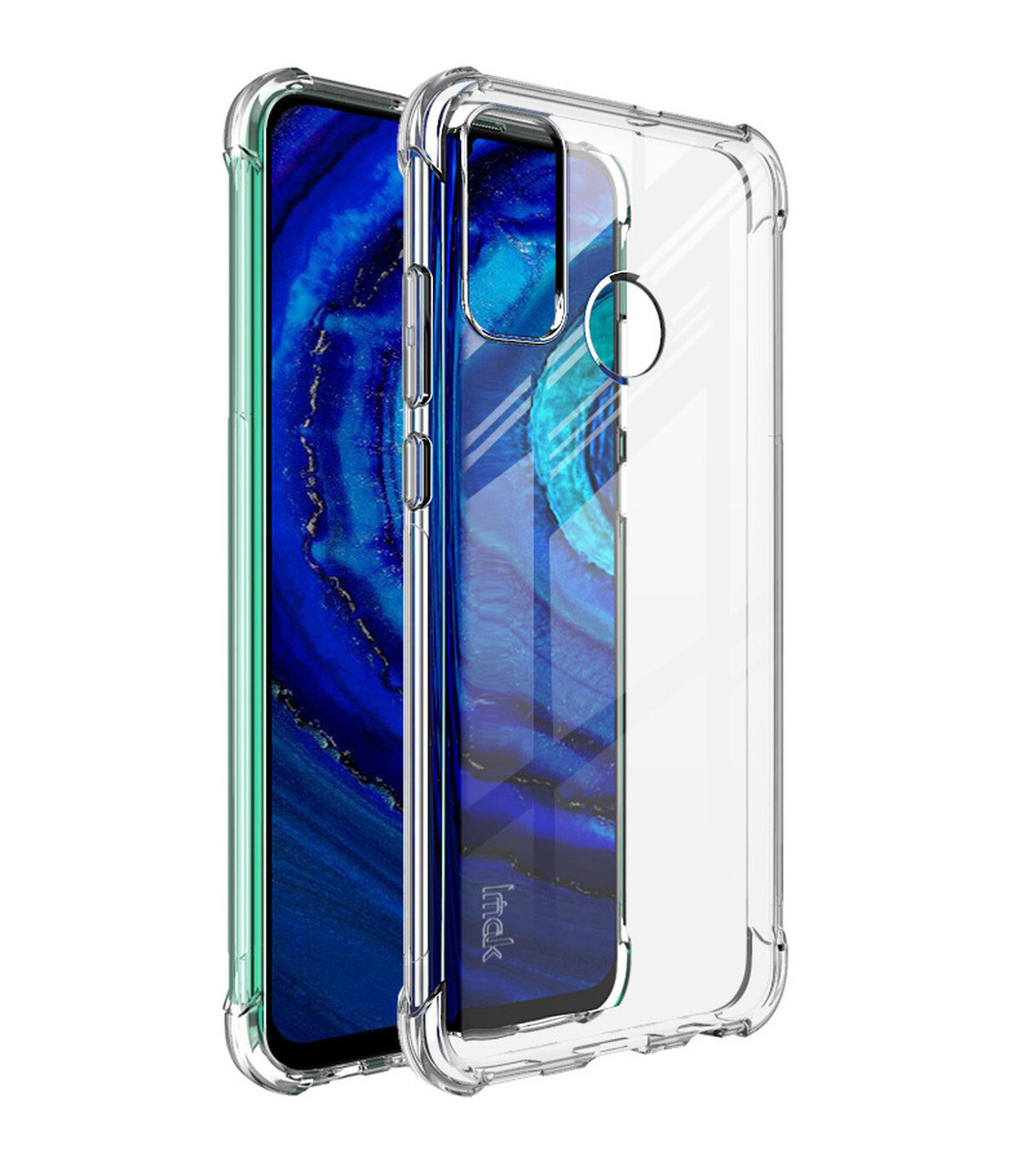Przezroczyste etui na telefon z widocznymi wycięciami na aparat i czytnik linii papilarnych. W tle widać telefon z niebieskim wzorem na ekranie.