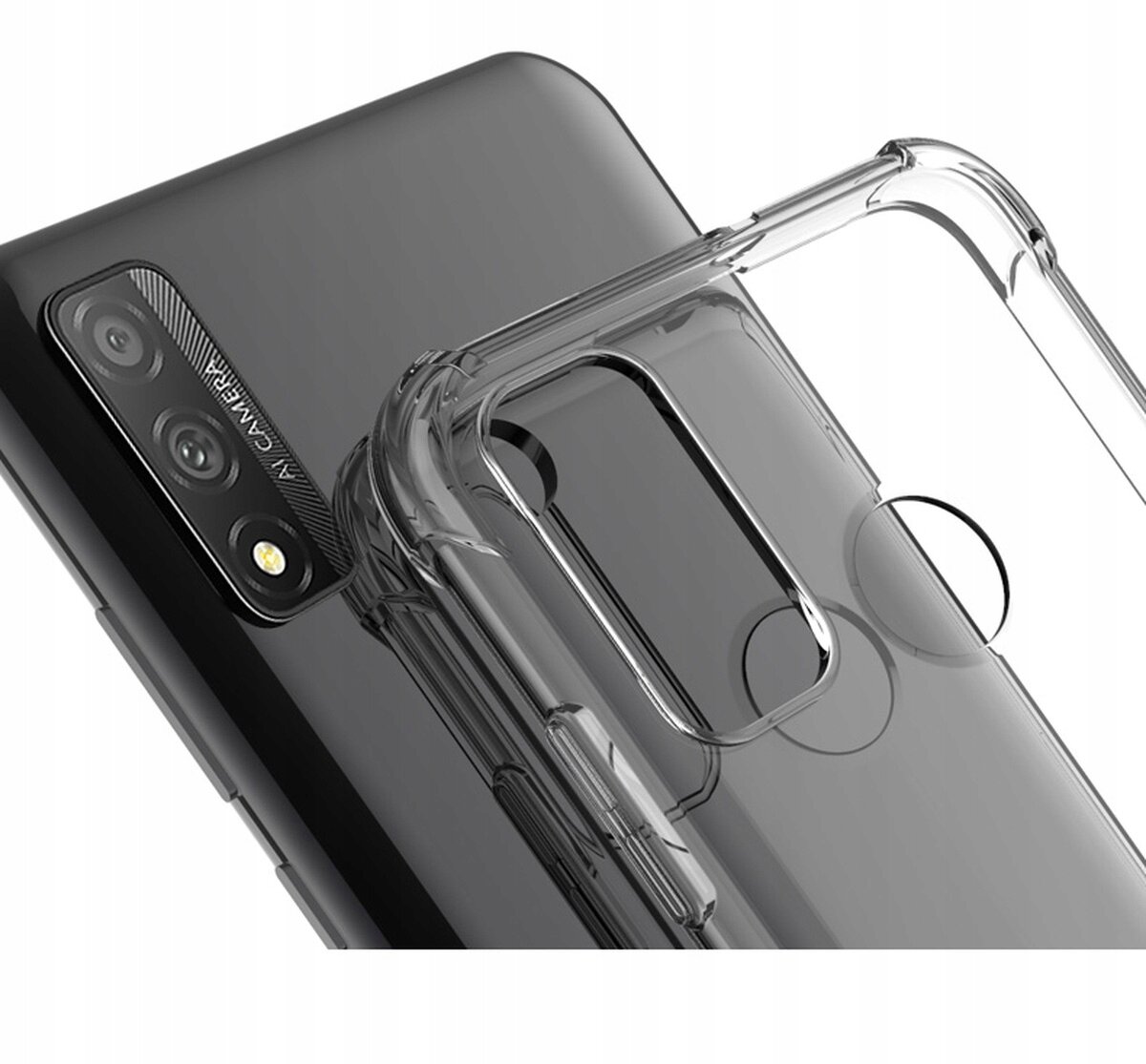 Przezroczyste etui na telefon z wycięciami na aparat i przyciski, obok czarnego telefonu z widocznym napisem \'AI CAMERA\'.