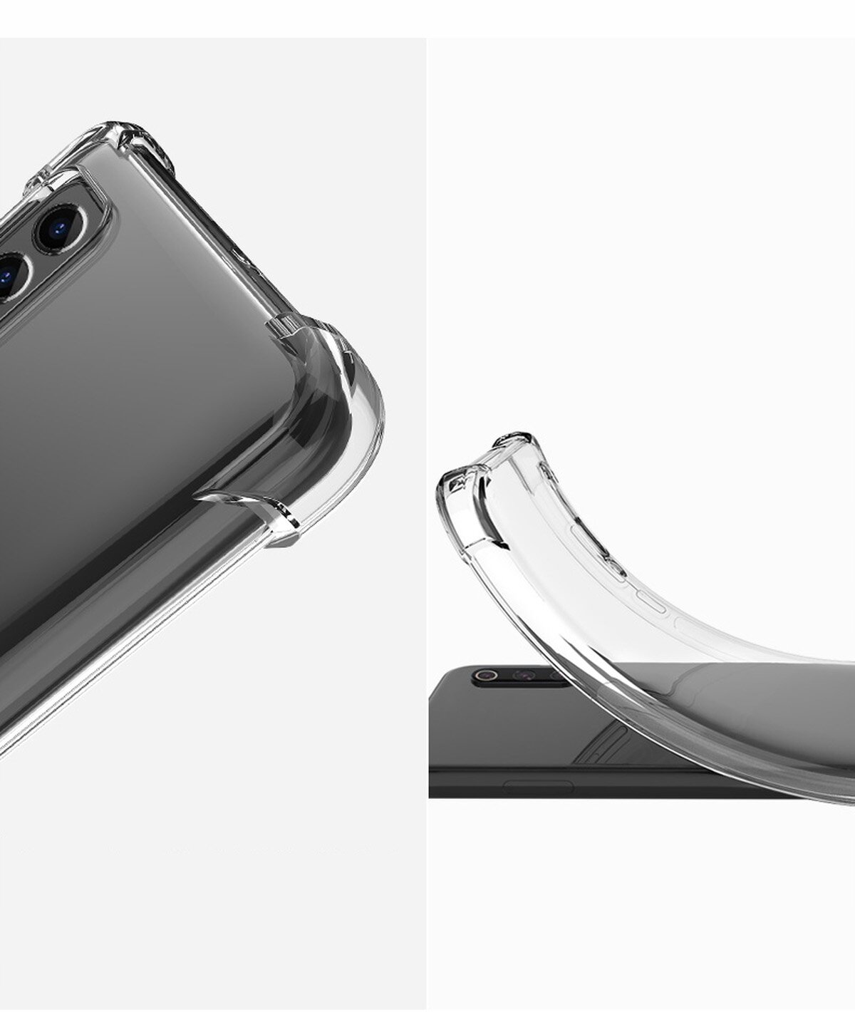 Obraz przedstawia przezroczyste etui na telefon, które jest elastyczne i dopasowane do urządzenia. Etui ma wzmocnione narożniki i wycięcia na aparat oraz przyciski.