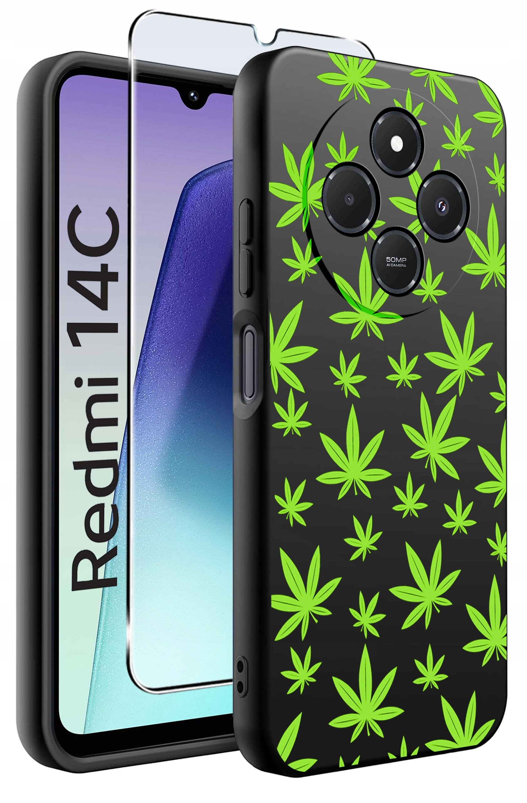 Obraz przedstawia etui na telefon z zielonym wzorem liści na czarnym tle oraz szkło ochronne. Na ekranie telefonu widoczny jest napis \'Redmi 14C\'.