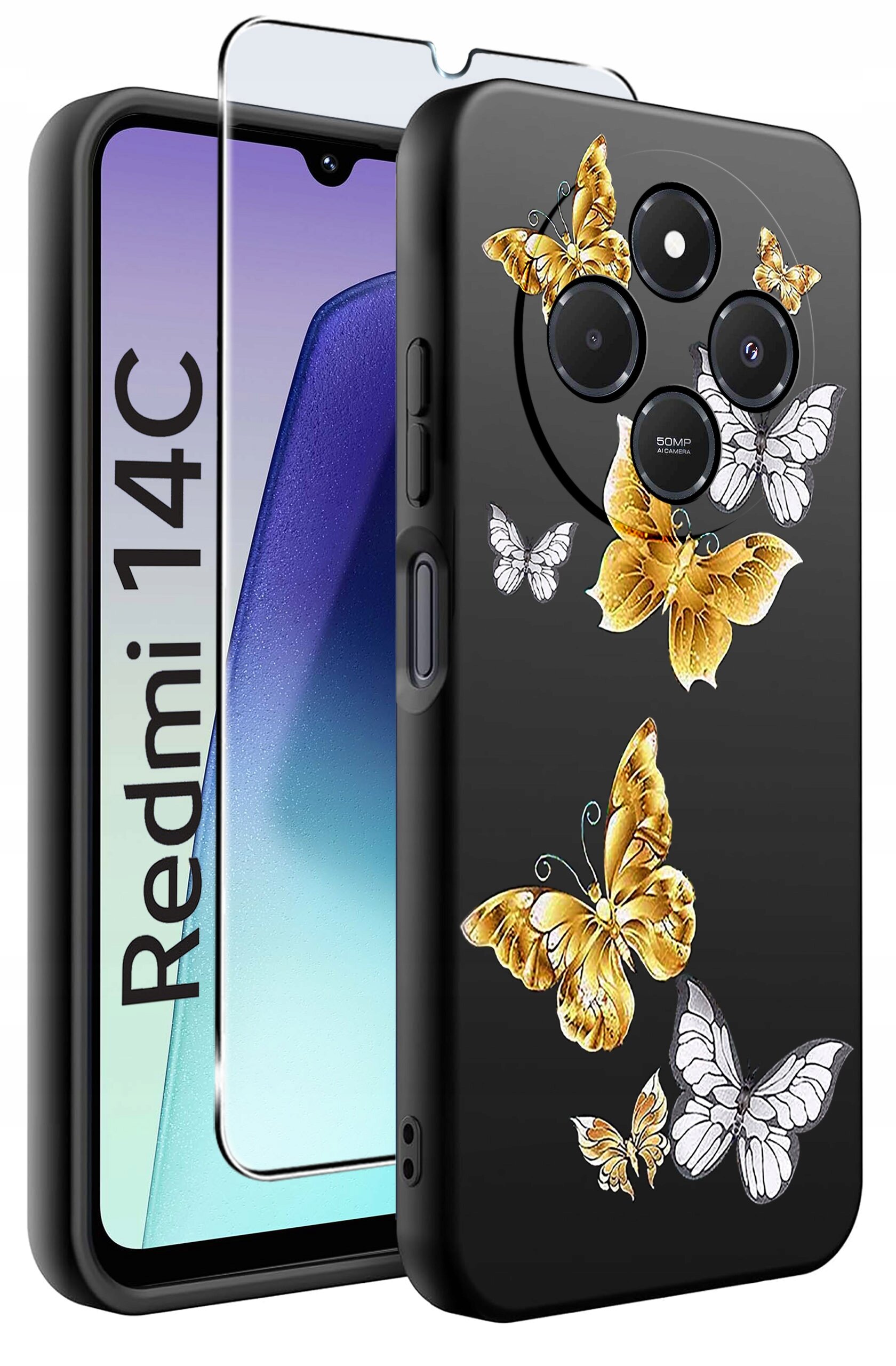 Obraz przedstawia czarne etui na telefon z motywem kolorowych motyli oraz szkło ochronne. Na ekranie telefonu widoczny jest napis \'Redmi 14C\'.