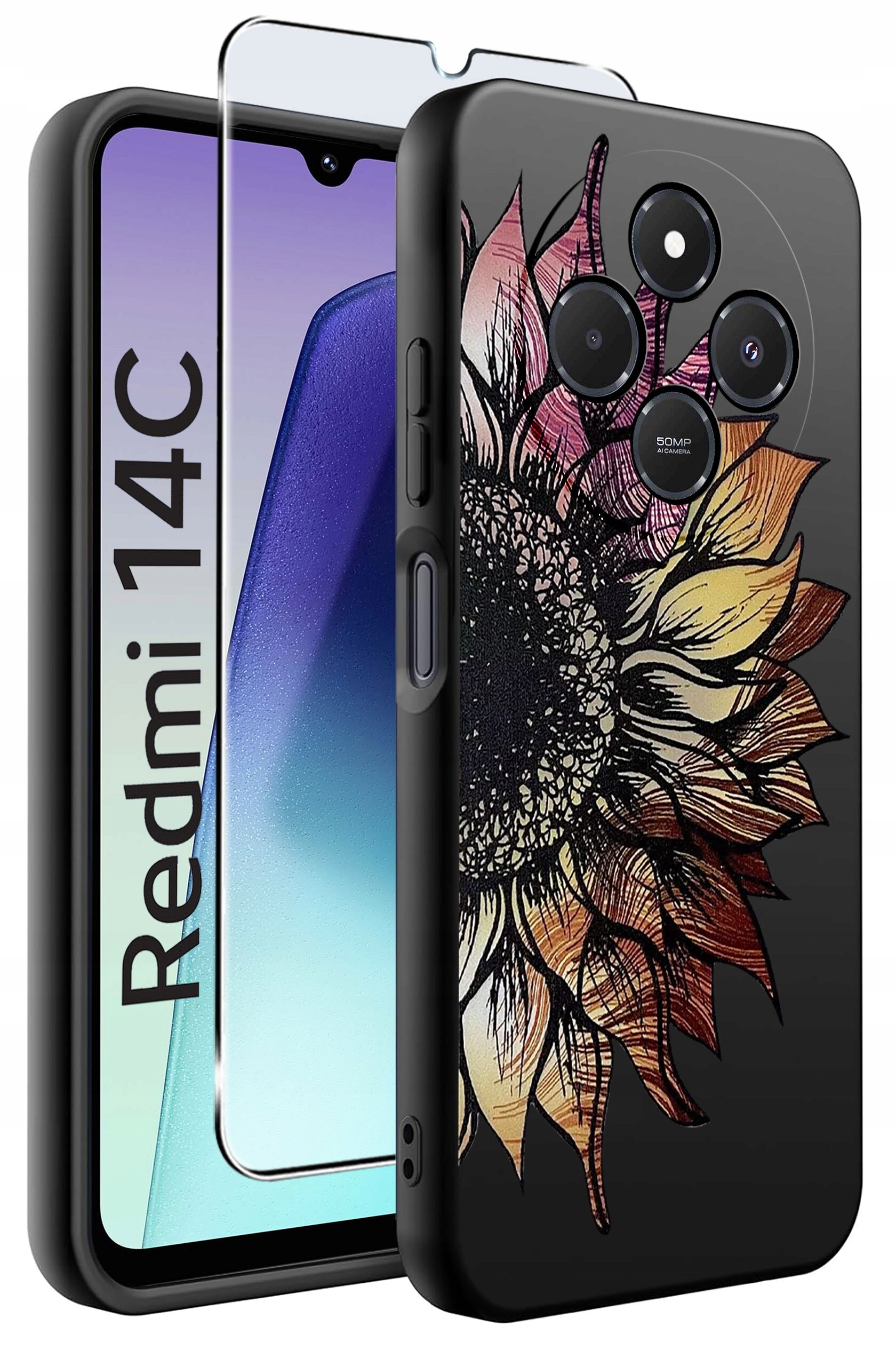 Obraz przedstawia etui na telefon z wzorem słonecznika oraz szkło ochronne. Na ekranie telefonu widoczny jest napis \'Redmi 14C\'.