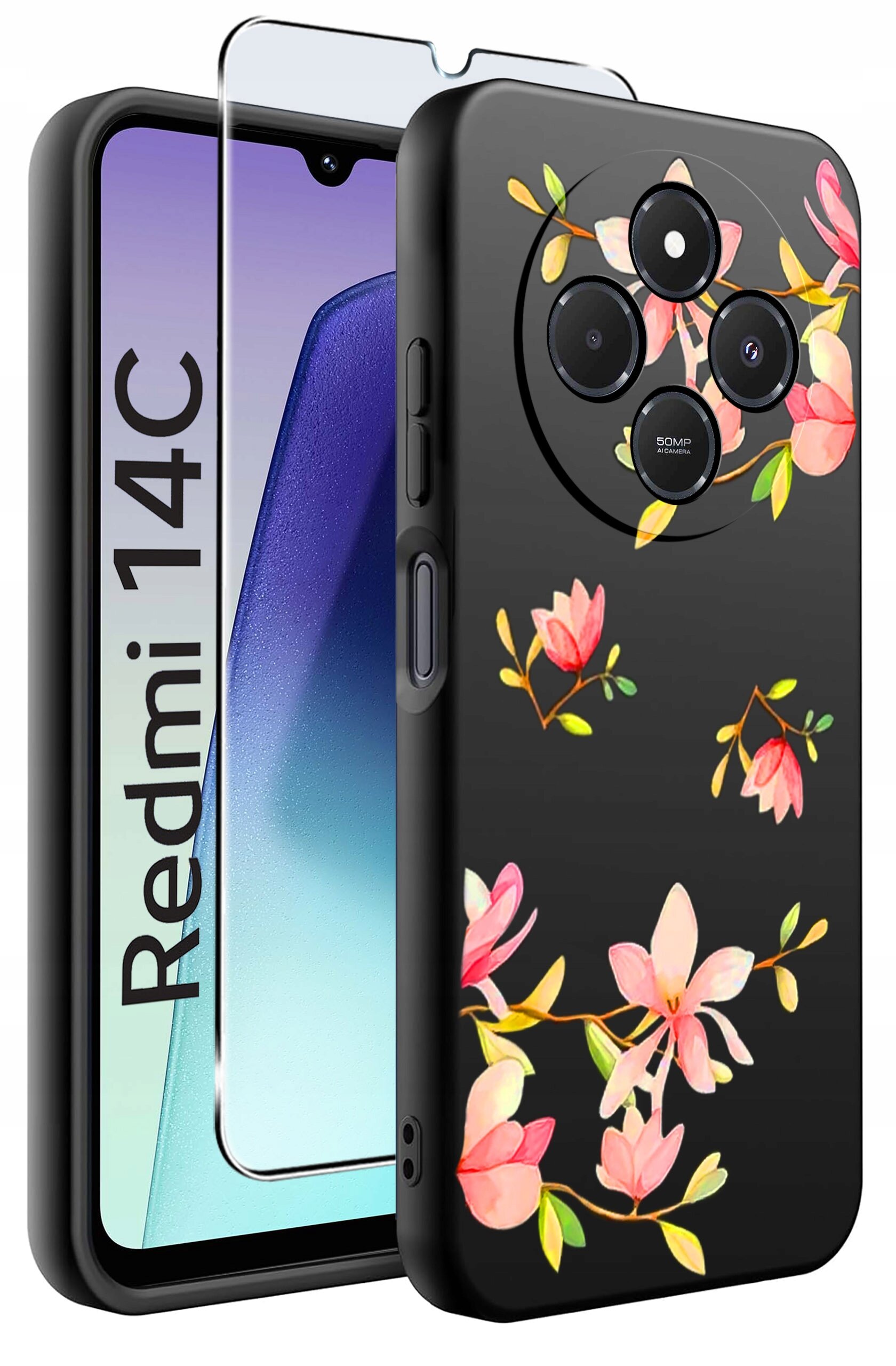 Obraz przedstawia czarne etui na telefon z kwiatowym wzorem oraz szkło ochronne. Obok widoczny jest telefon z napisem \'Redmi 14C\'.