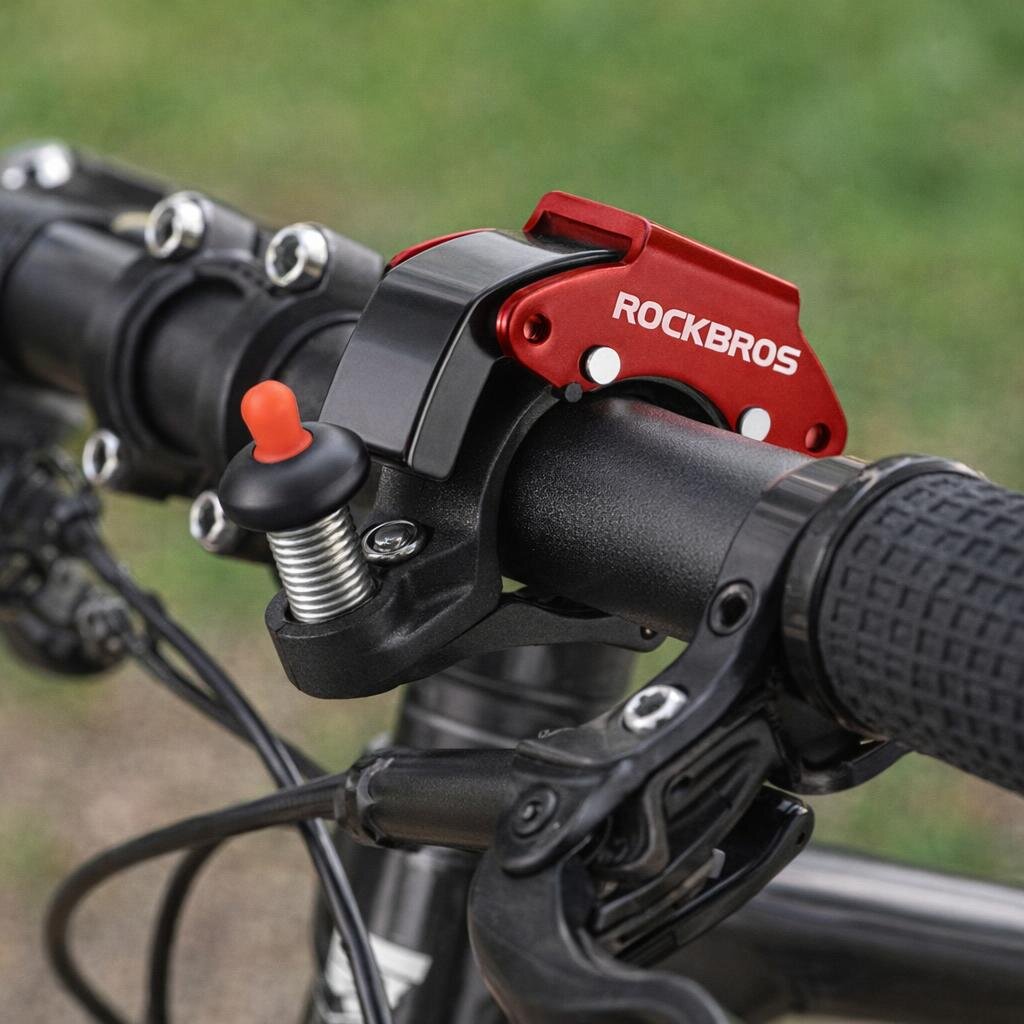 Na zdjęciu widoczny jest mechaniczny dzwonek rowerowy zamontowany na kierownicy roweru. Na dzwonku znajduje się napis \'ROCKBROS\'.