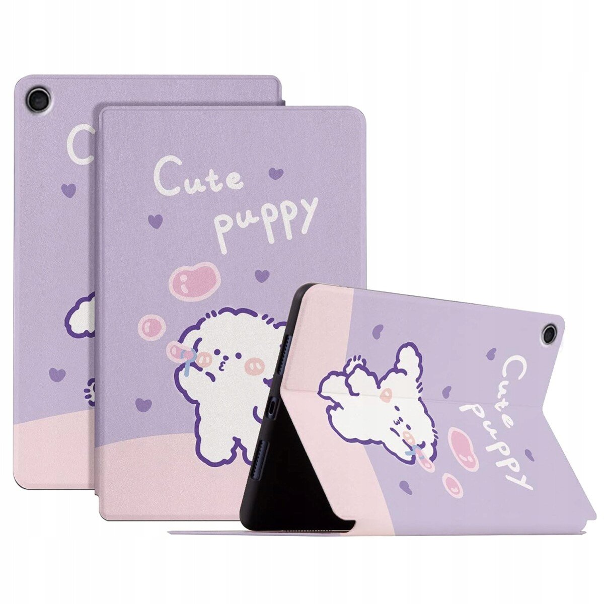 Etui do tabletu w kolorze fioletowym z grafiką białego szczeniaka i napisem \'Cute puppy\'. Widoczne są również małe serduszka i bąbelki w kolorze różowym.