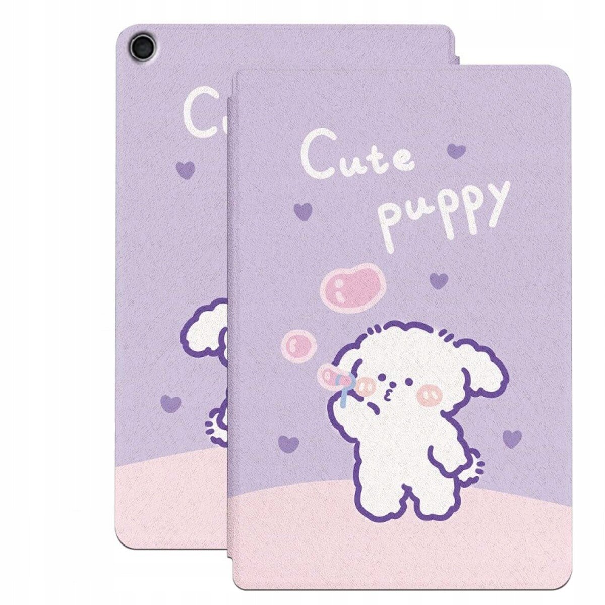 Etui w kolorze fioletowym z rysunkiem białego szczeniaka puszczającego bańki mydlane oraz napisem \'Cute puppy\'.