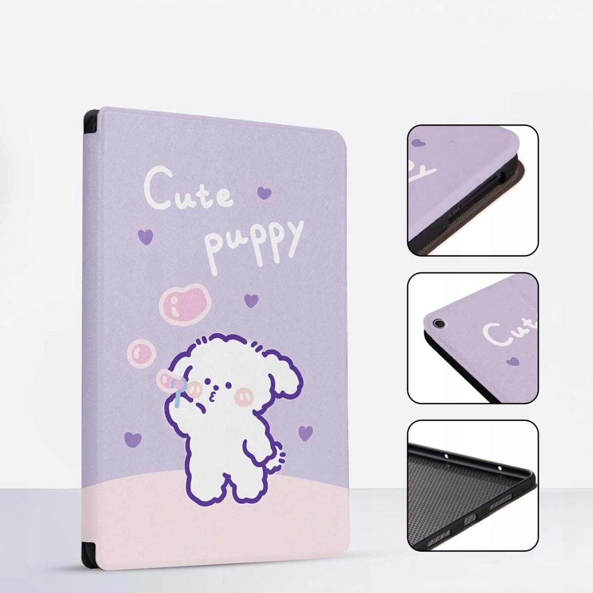 Etui w kolorze fioletowym z grafiką białego szczeniaka i napisem \'Cute puppy\'. Widoczne są również trzy zbliżenia na detale etui, w tym otwory na kamerę i przyciski.